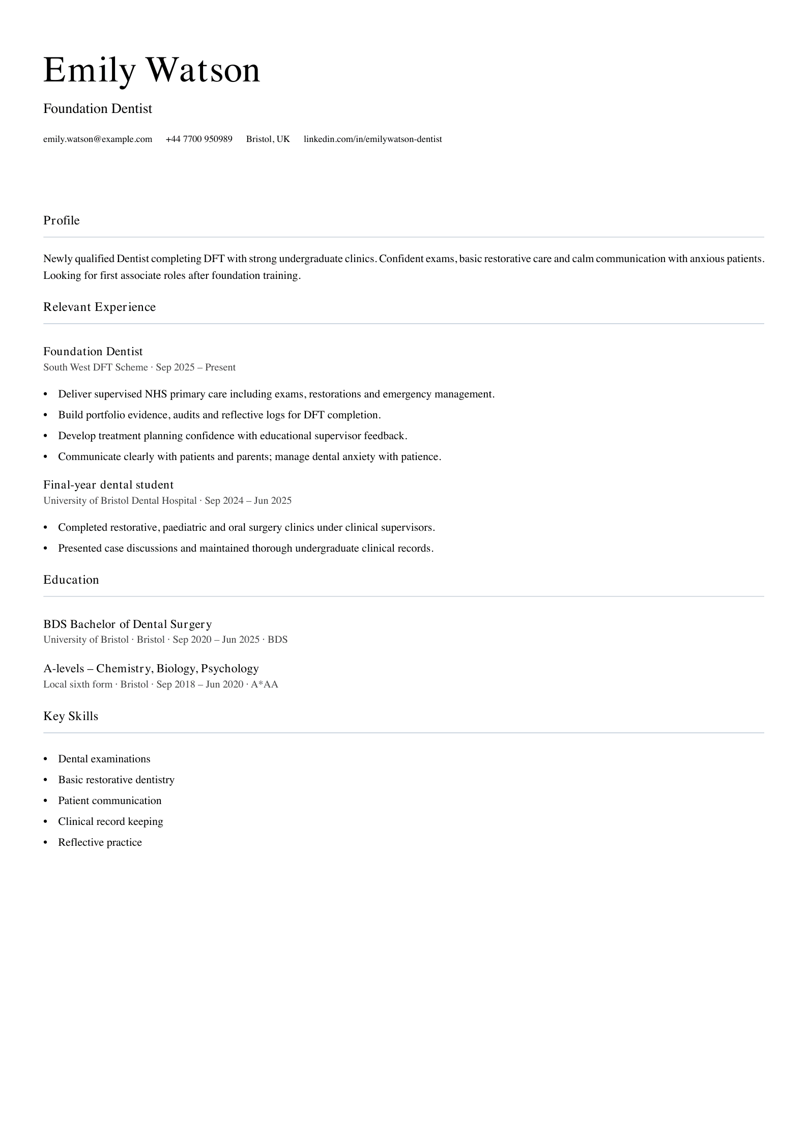 foundation dentist cv template