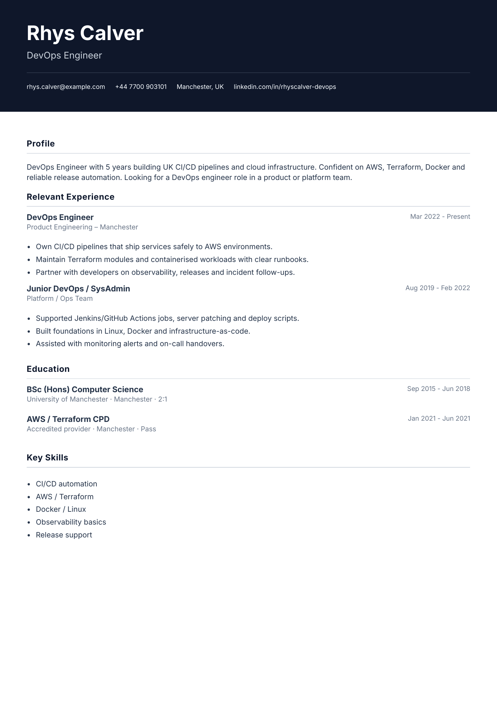 DevOps engineer CV template