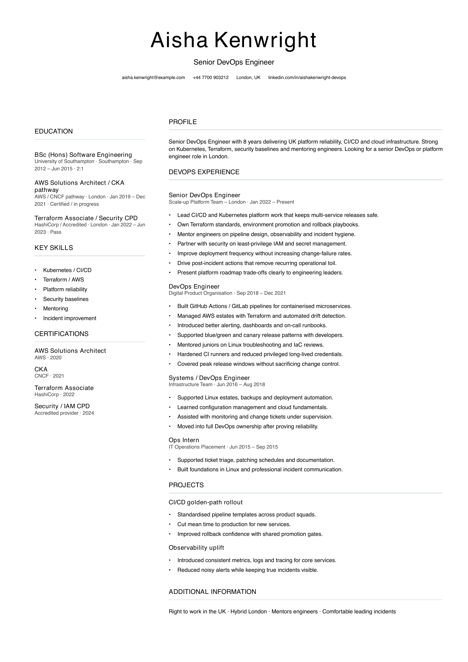senior DevOps engineer CV template
