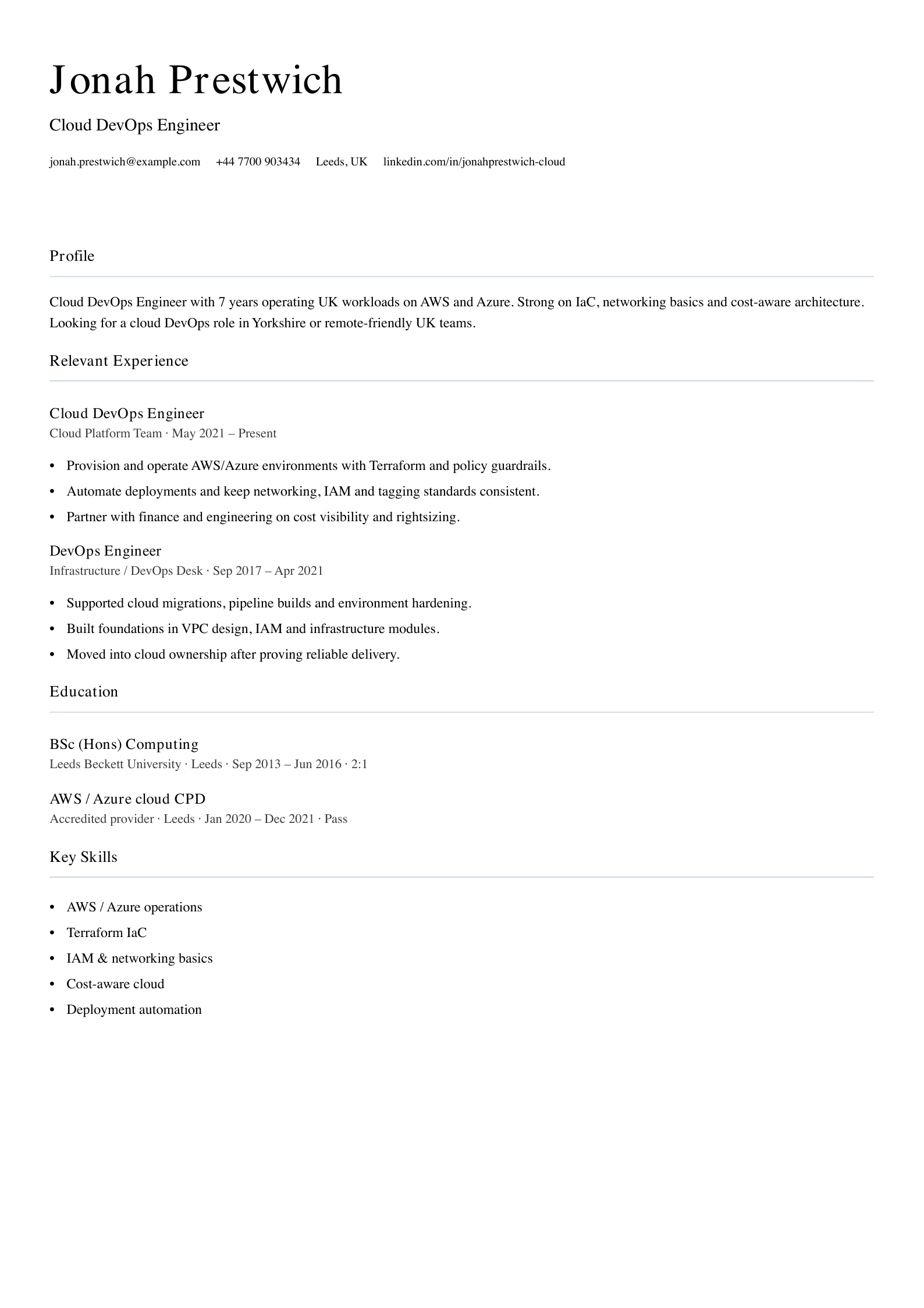 Cloud DevOps engineer CV template
