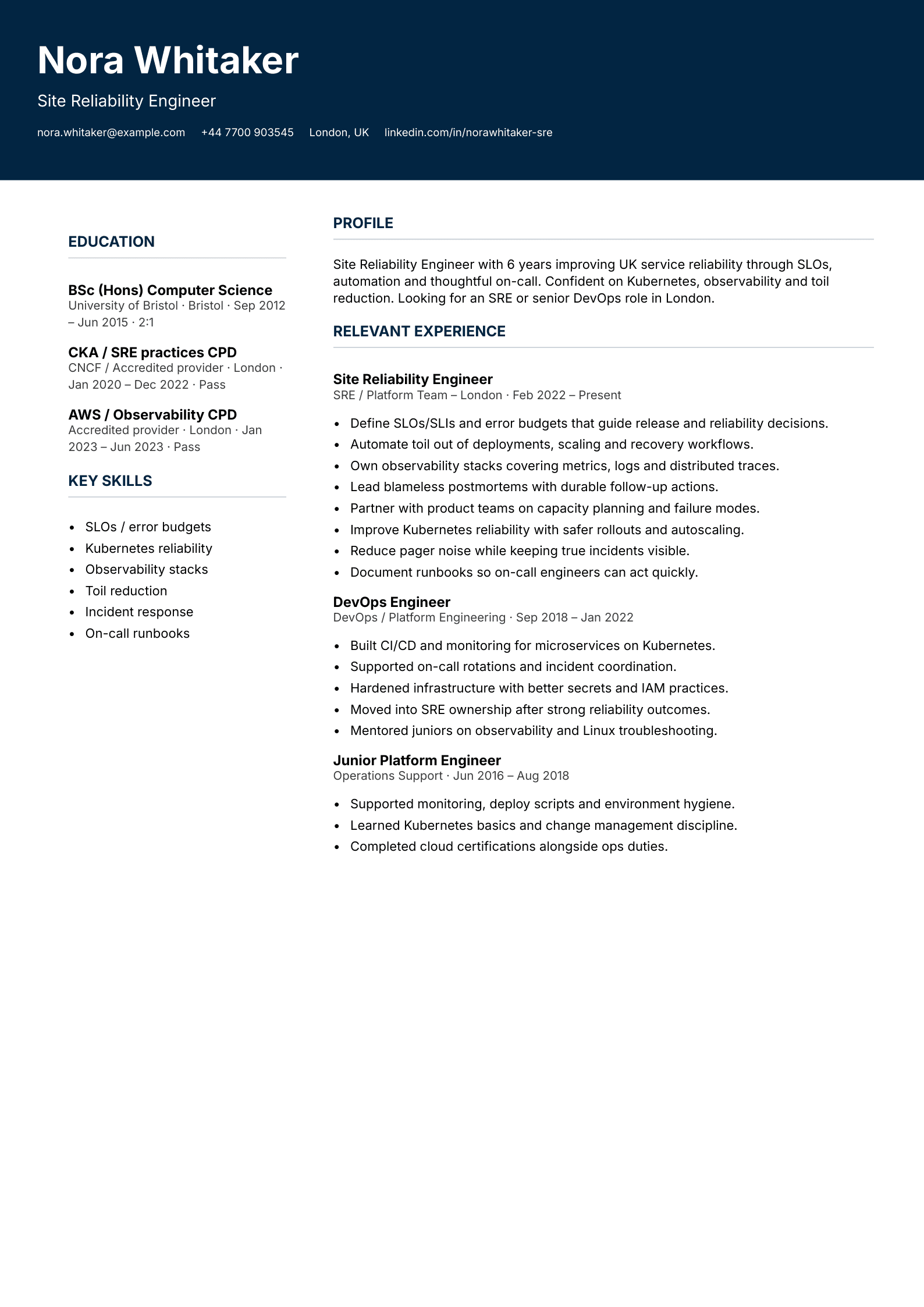 site reliability engineer CV template