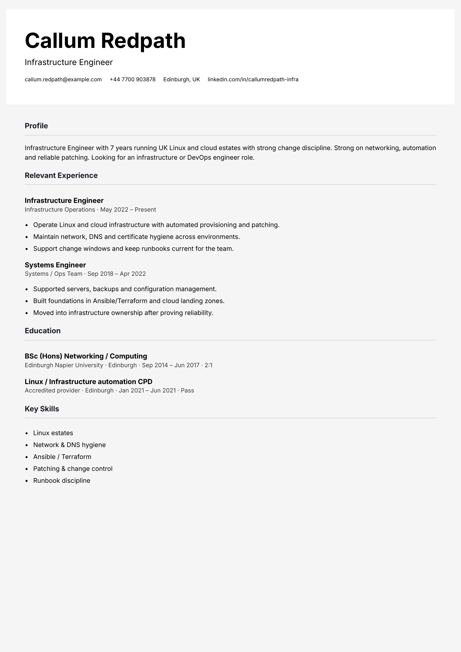 infrastructure engineer CV template