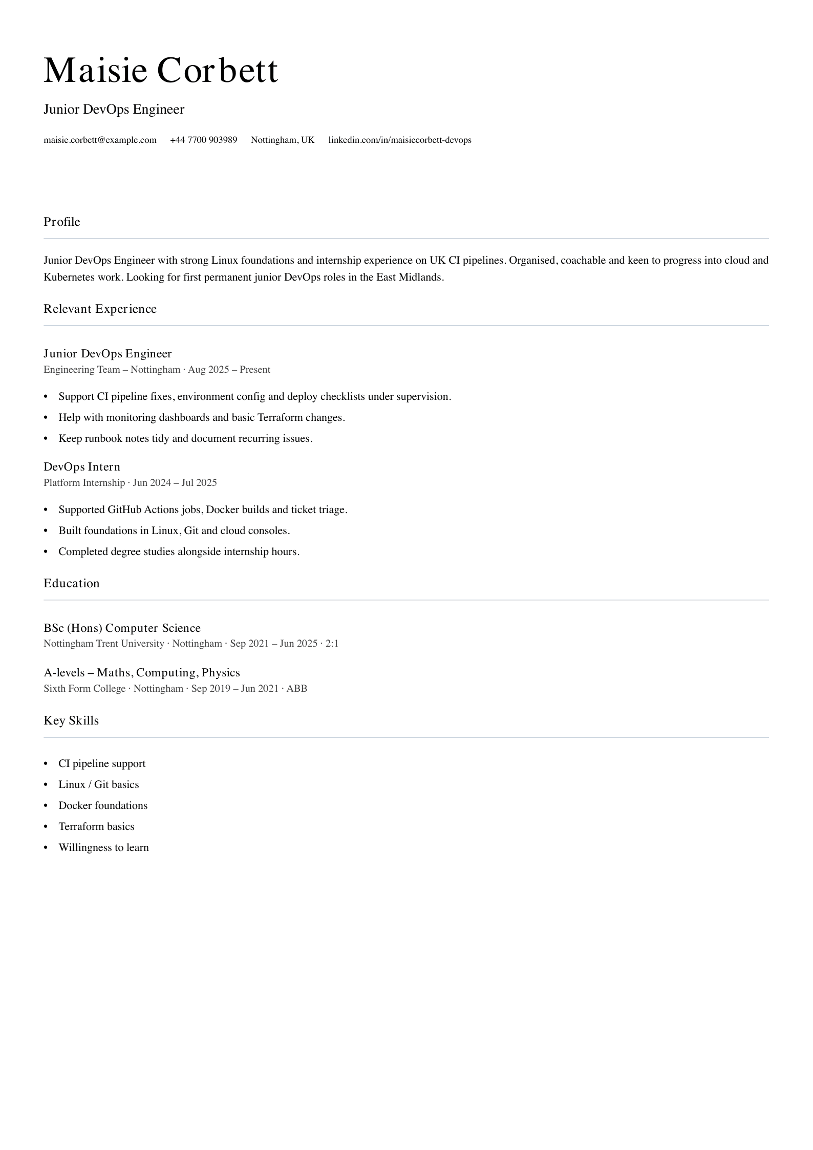 junior DevOps engineer CV template