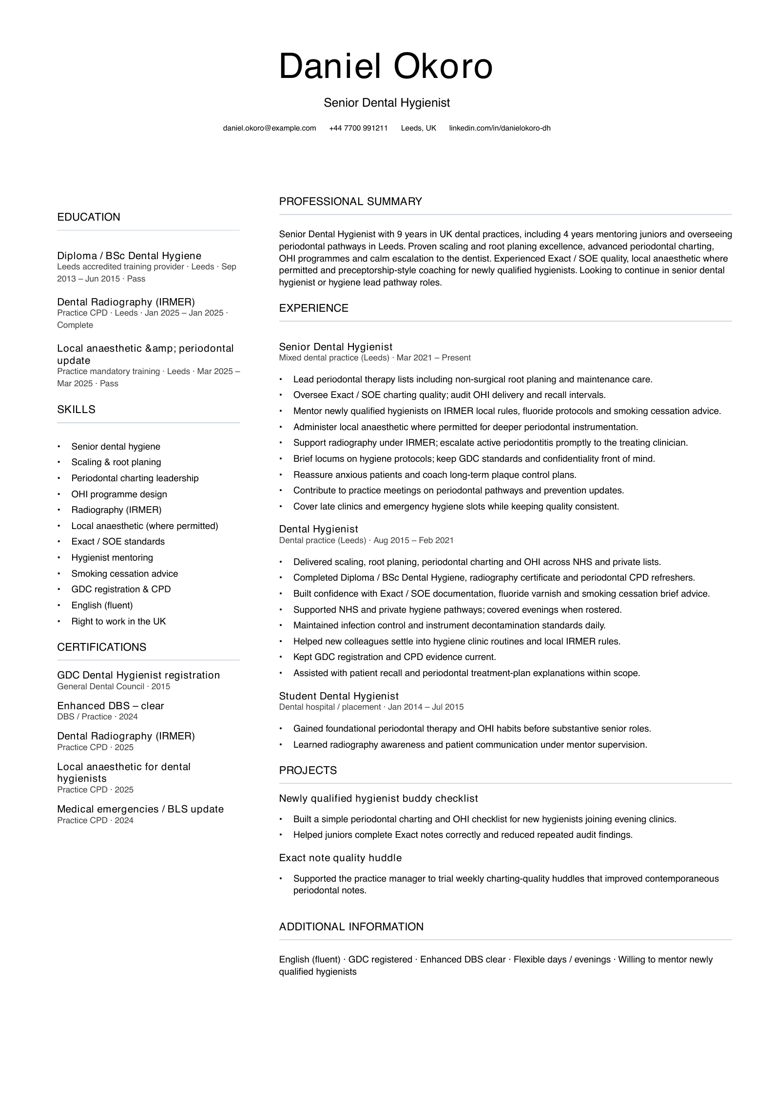 senior dental hygienist cv template