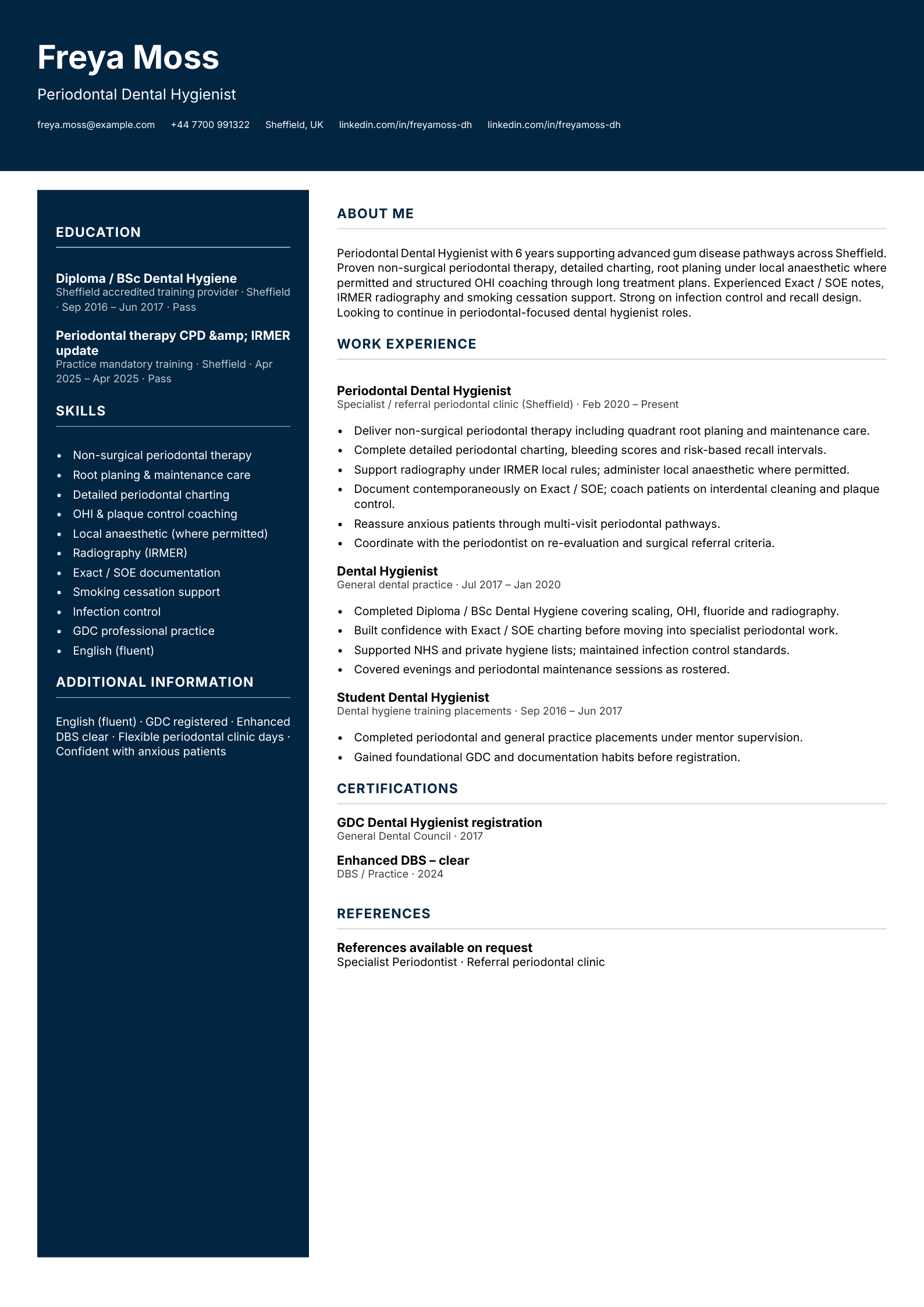 Periodontal dental hygienist CV template