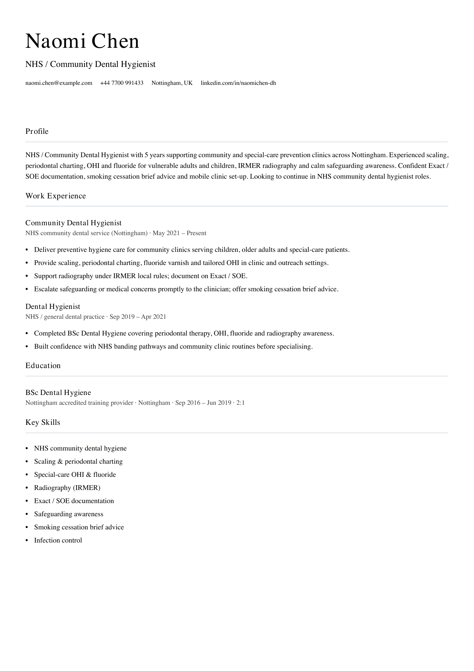 nhs community dental hygienist cv template