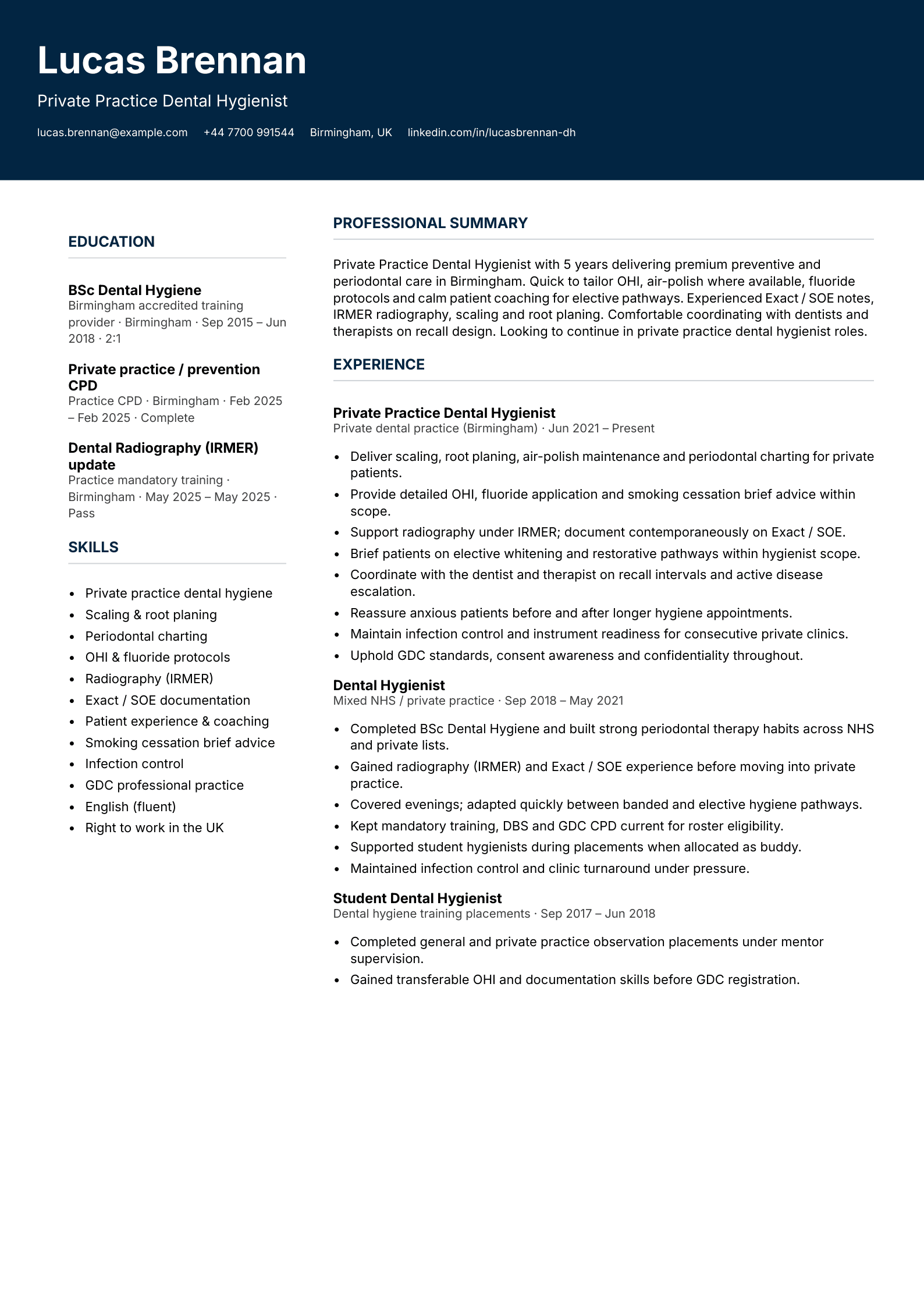 Private practice dental hygienist CV template