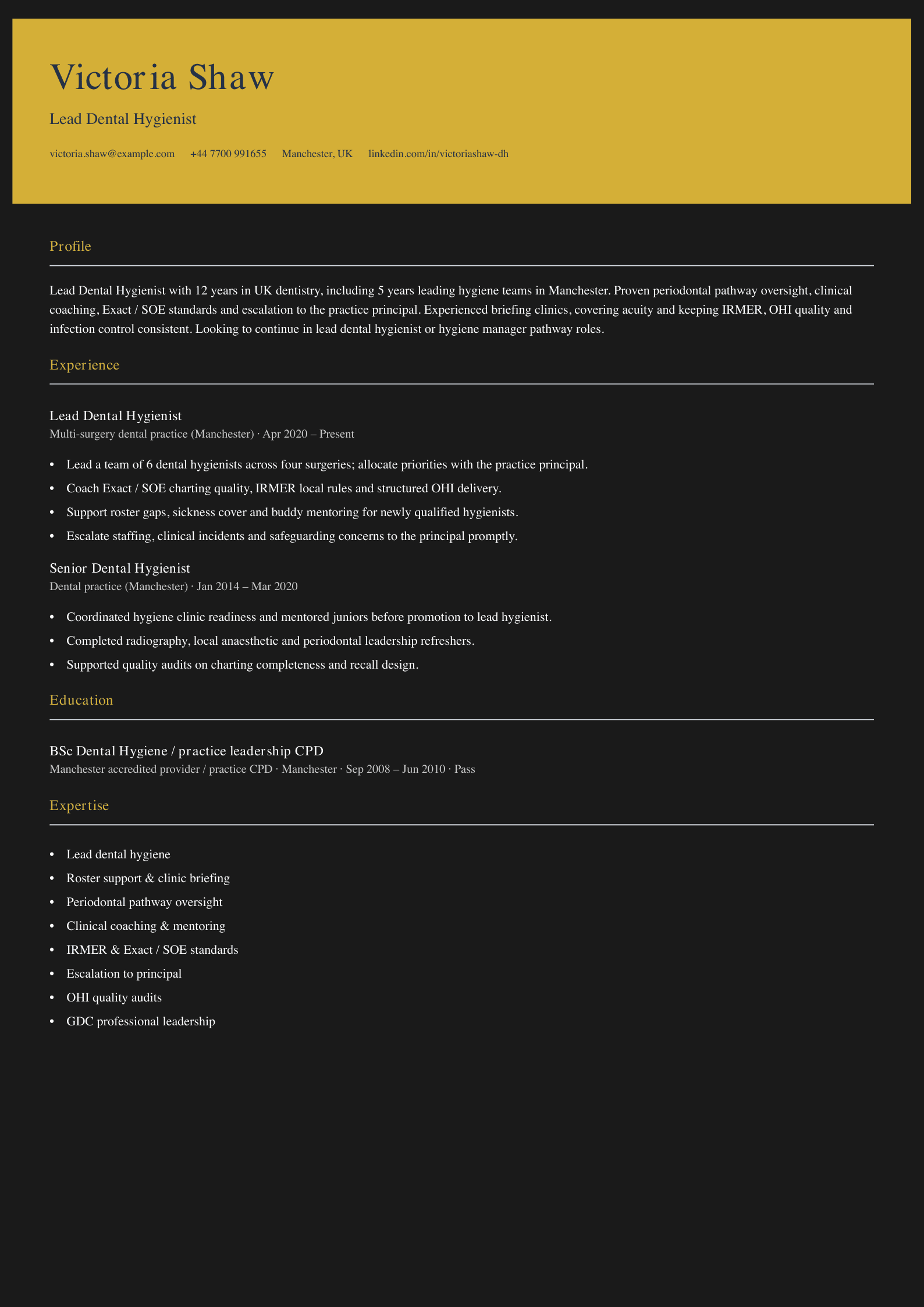 lead dental hygienist cv template
