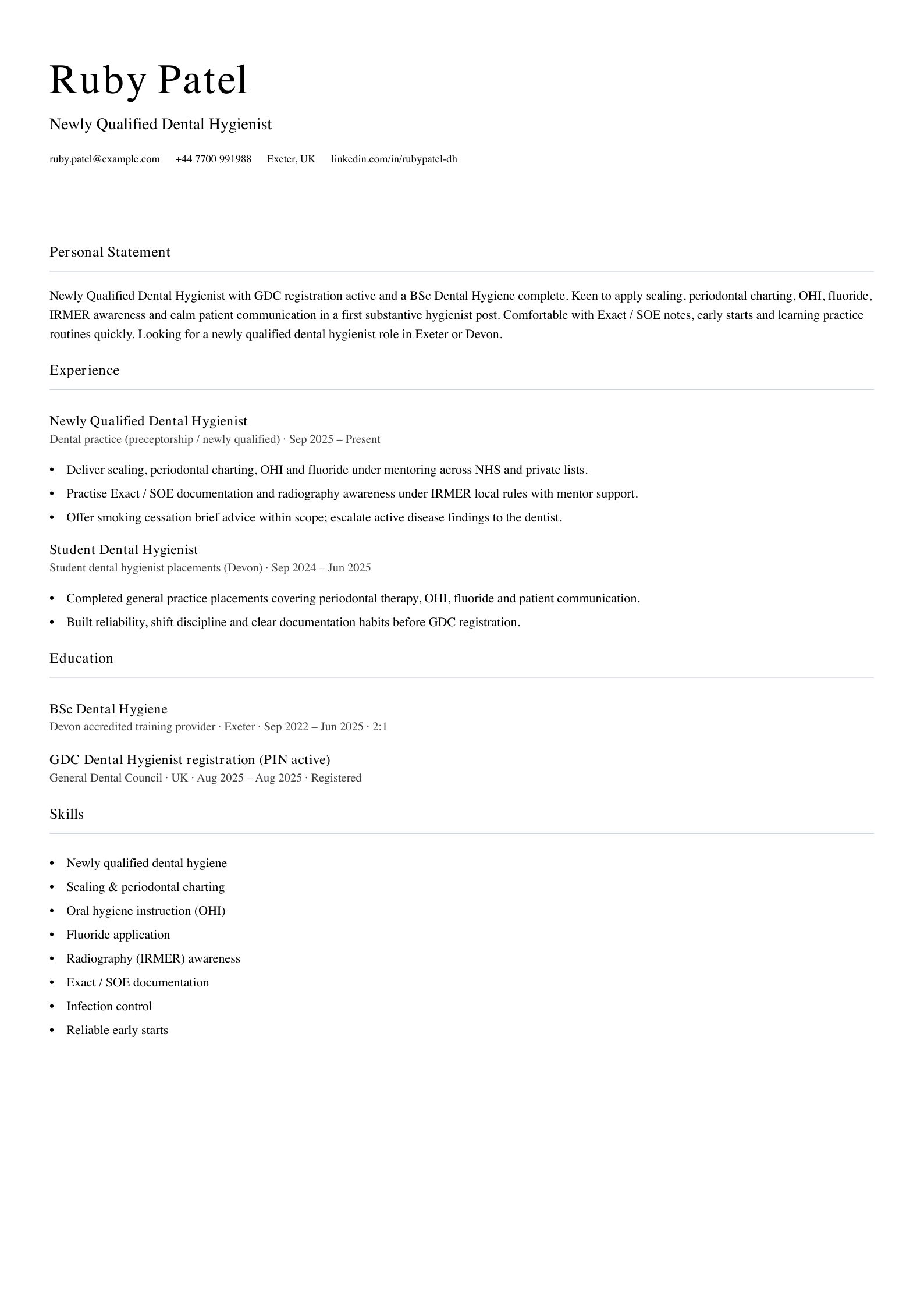 newly qualified dental hygienist cv template