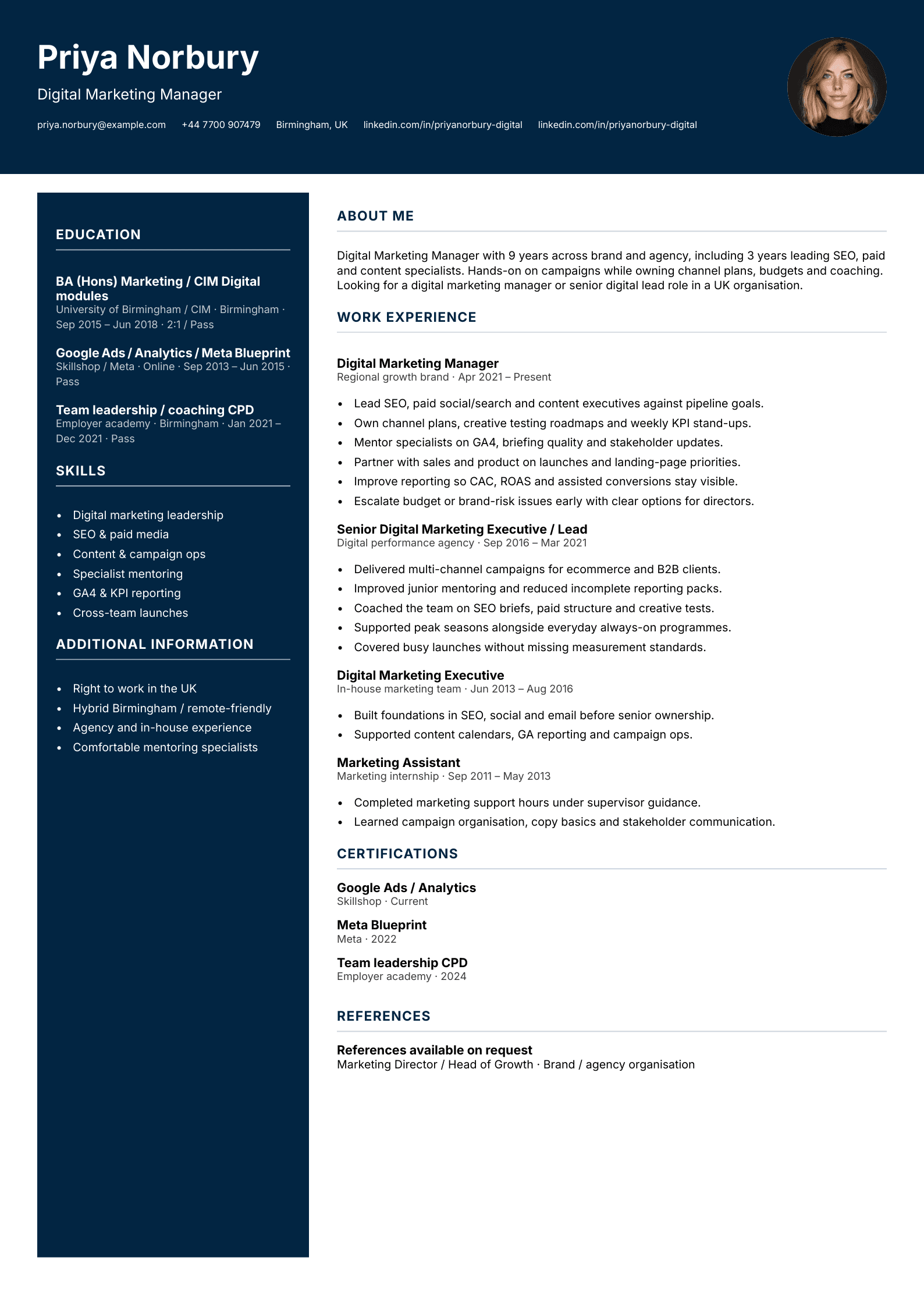 Digital marketing manager CV template