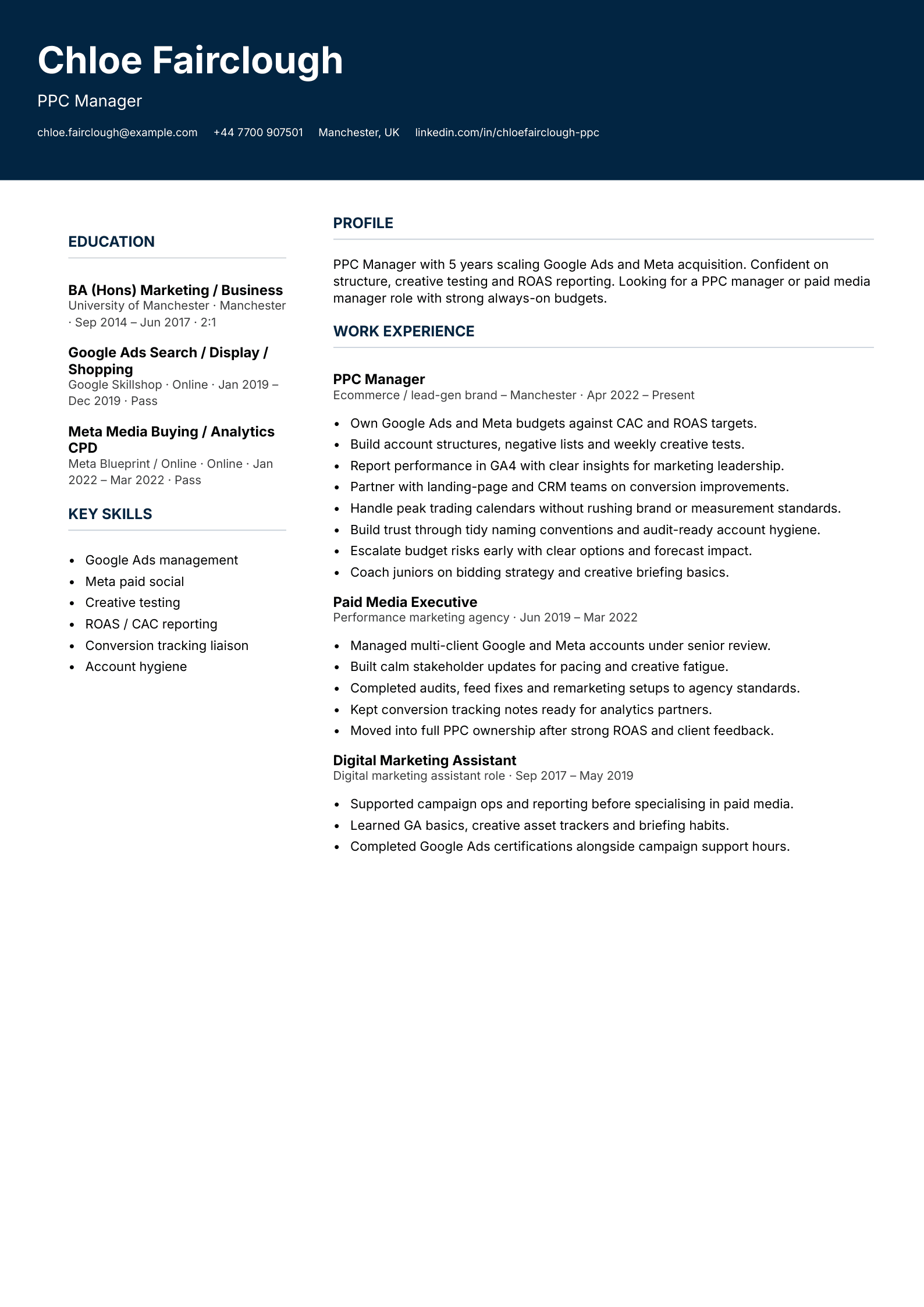 PPC manager CV template
