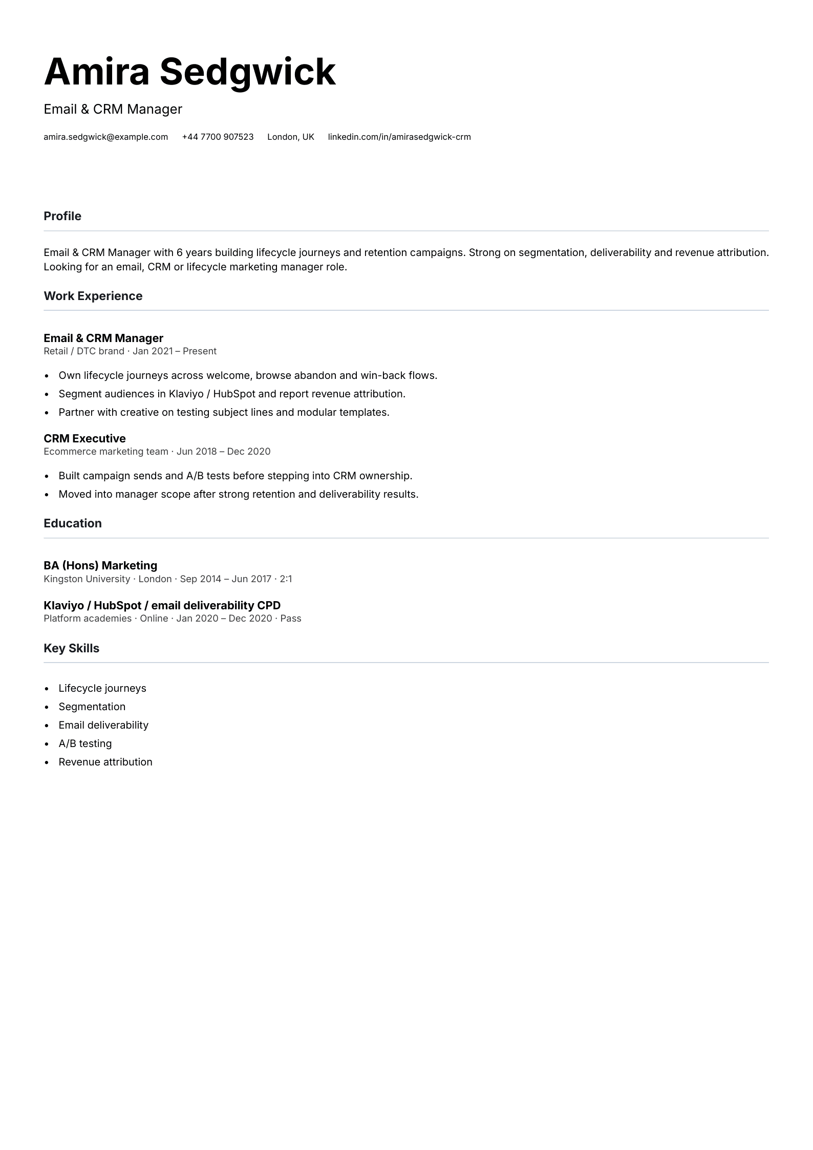 email CRM manager CV template