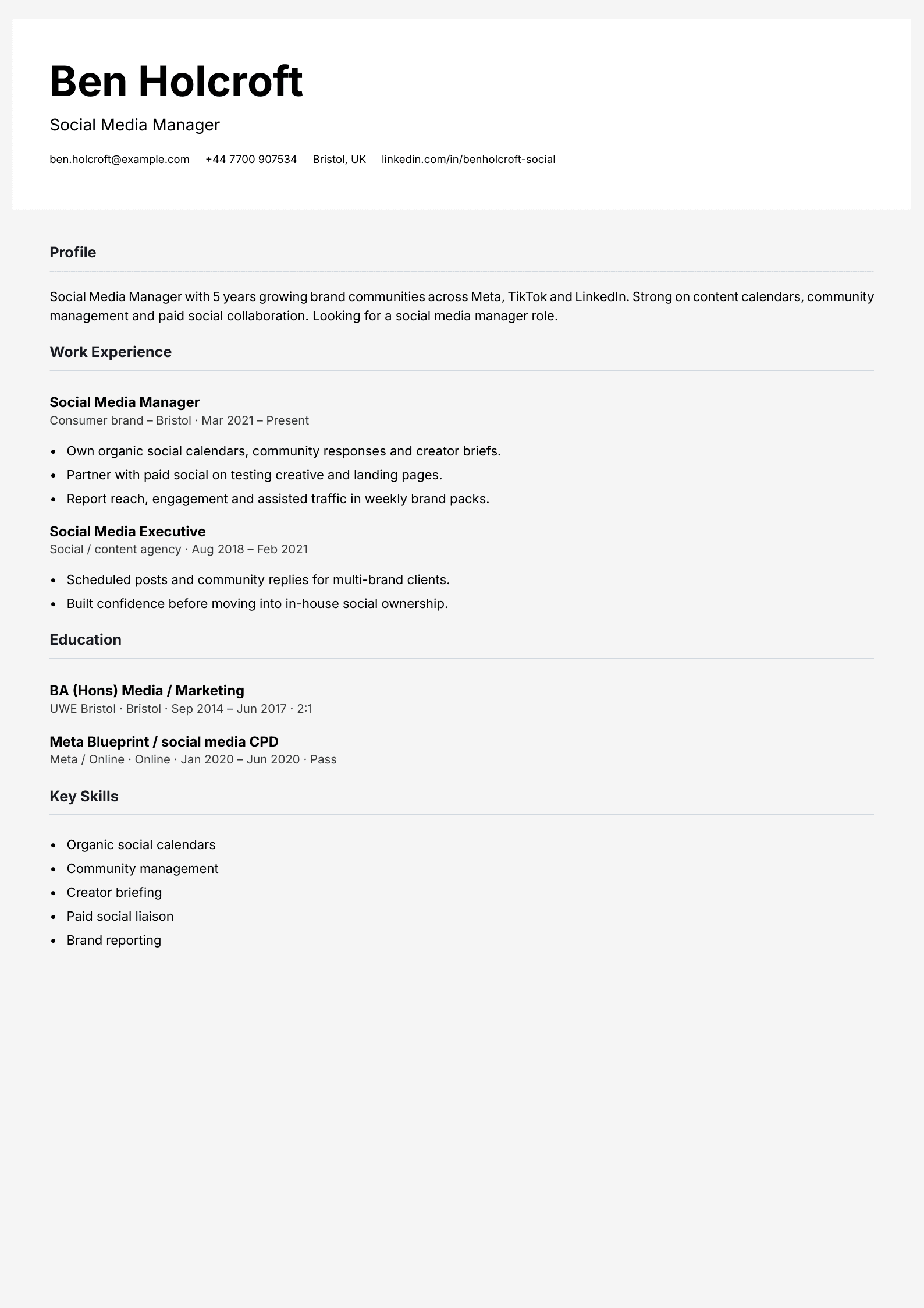 social media manager CV template