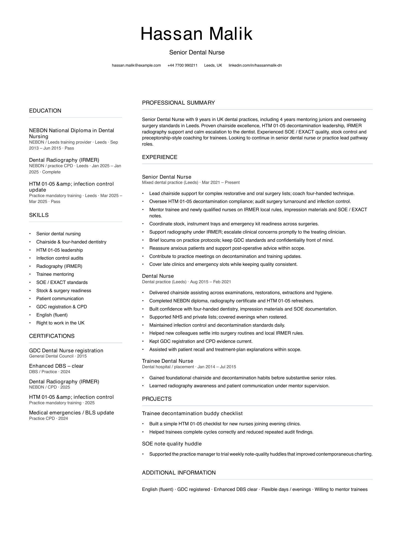 senior dental nurse cv template