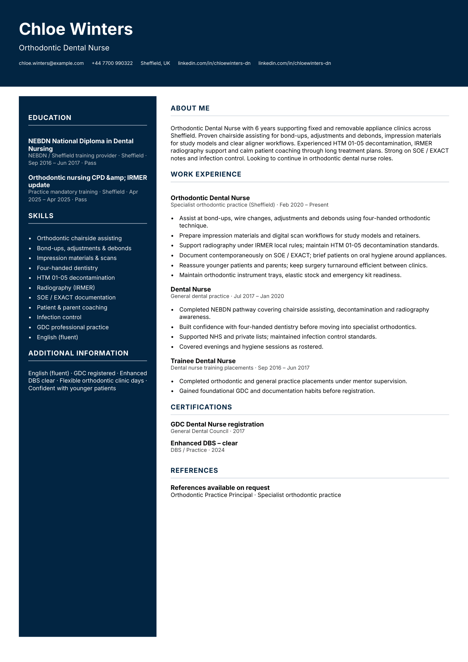 Orthodontic dental nurse CV template