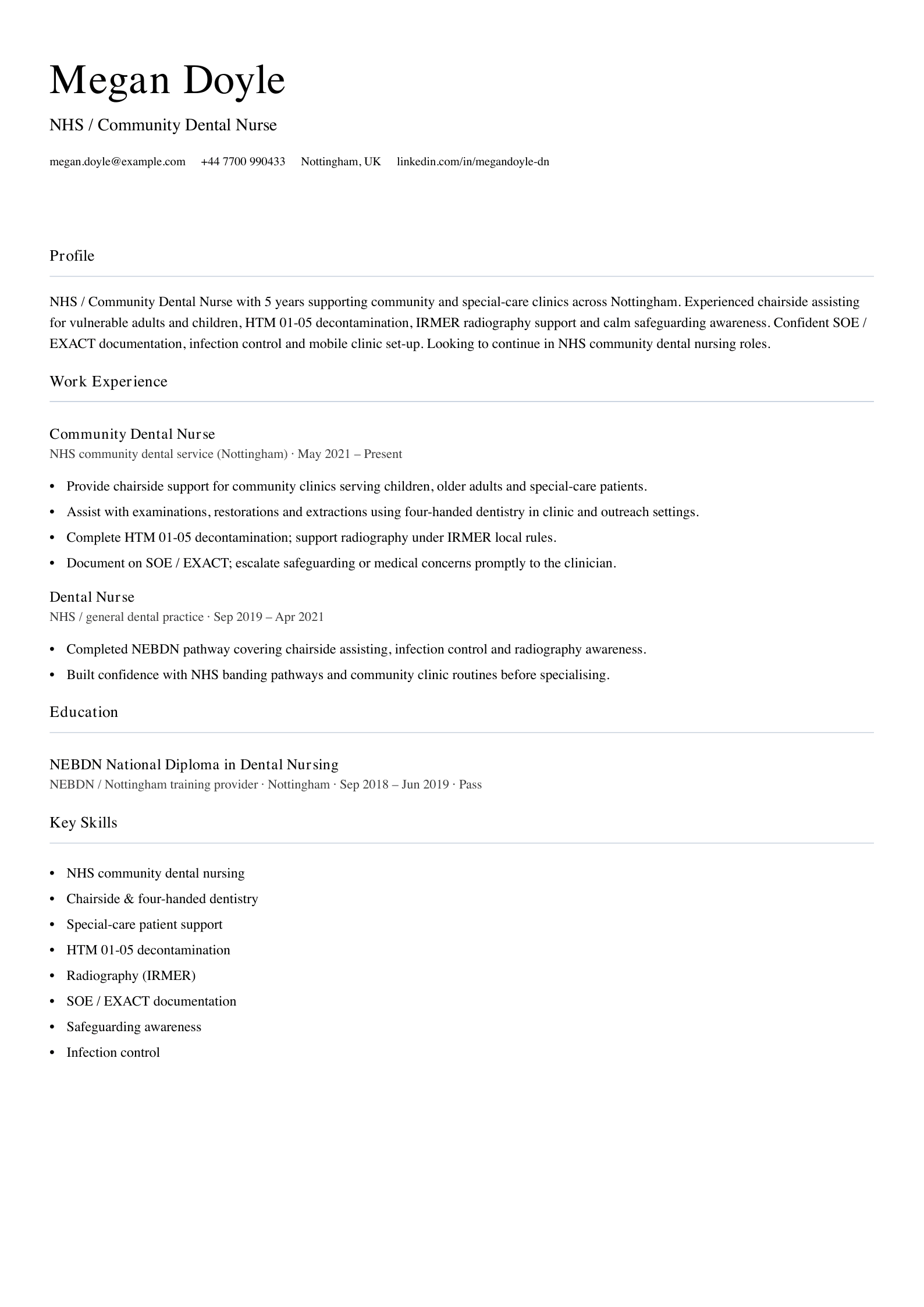 nhs community dental nurse cv template