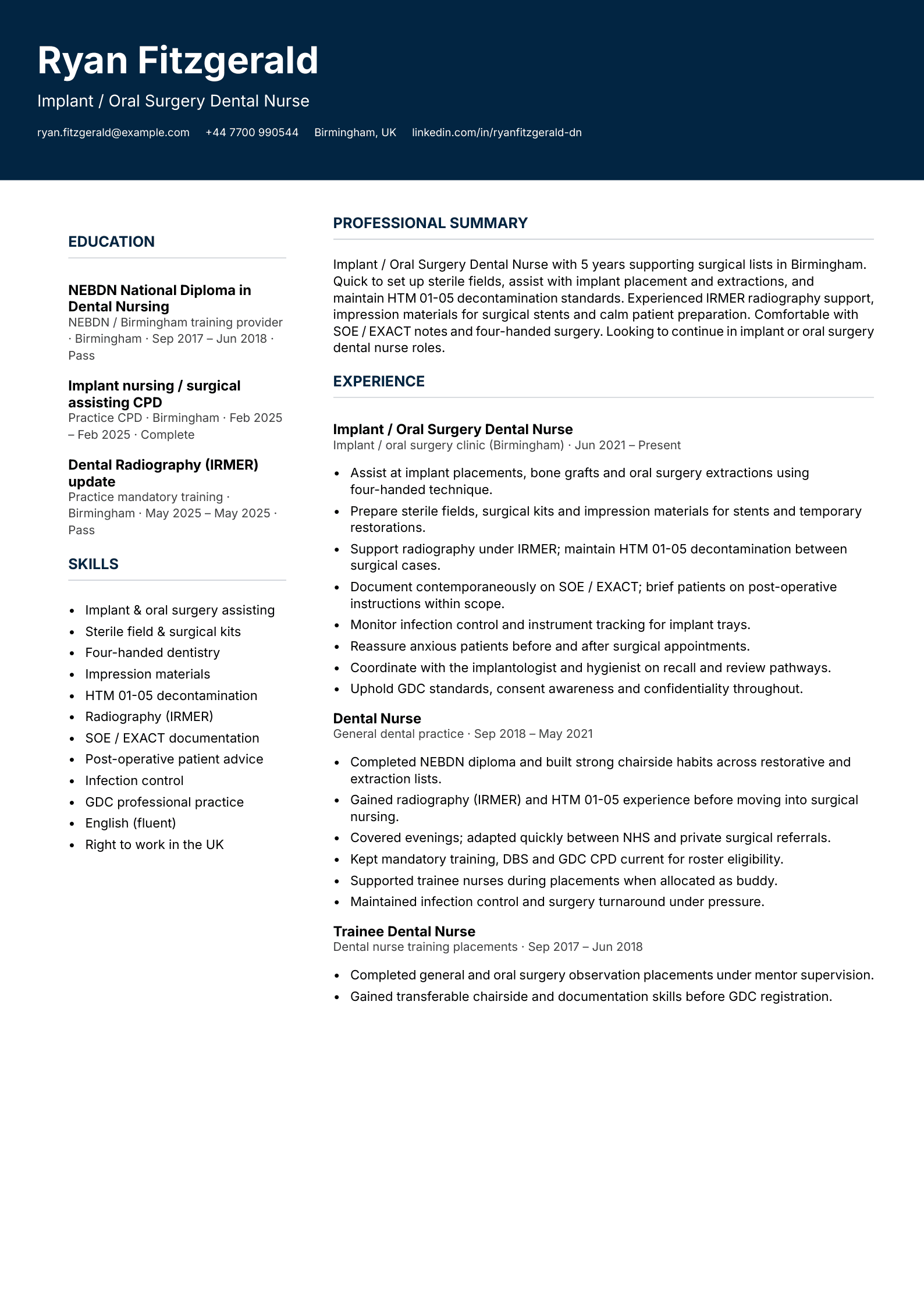 Implant oral surgery dental nurse CV template