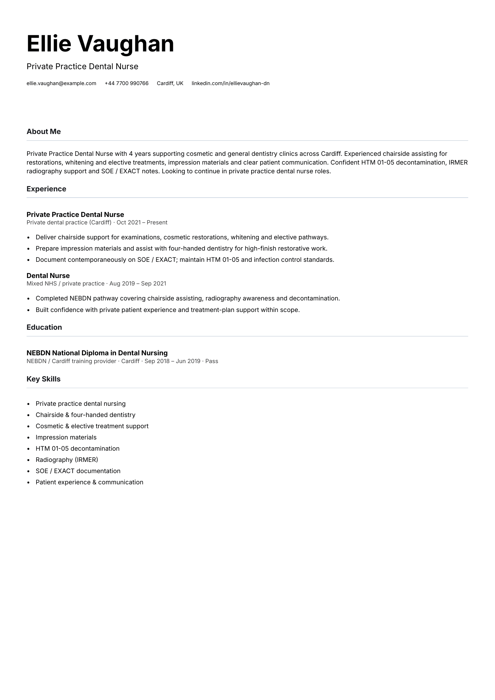 private practice dental nurse cv template