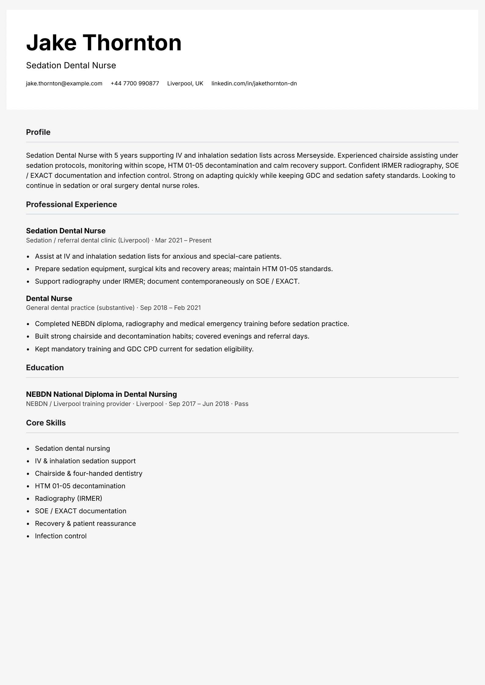 sedation dental nurse cv template