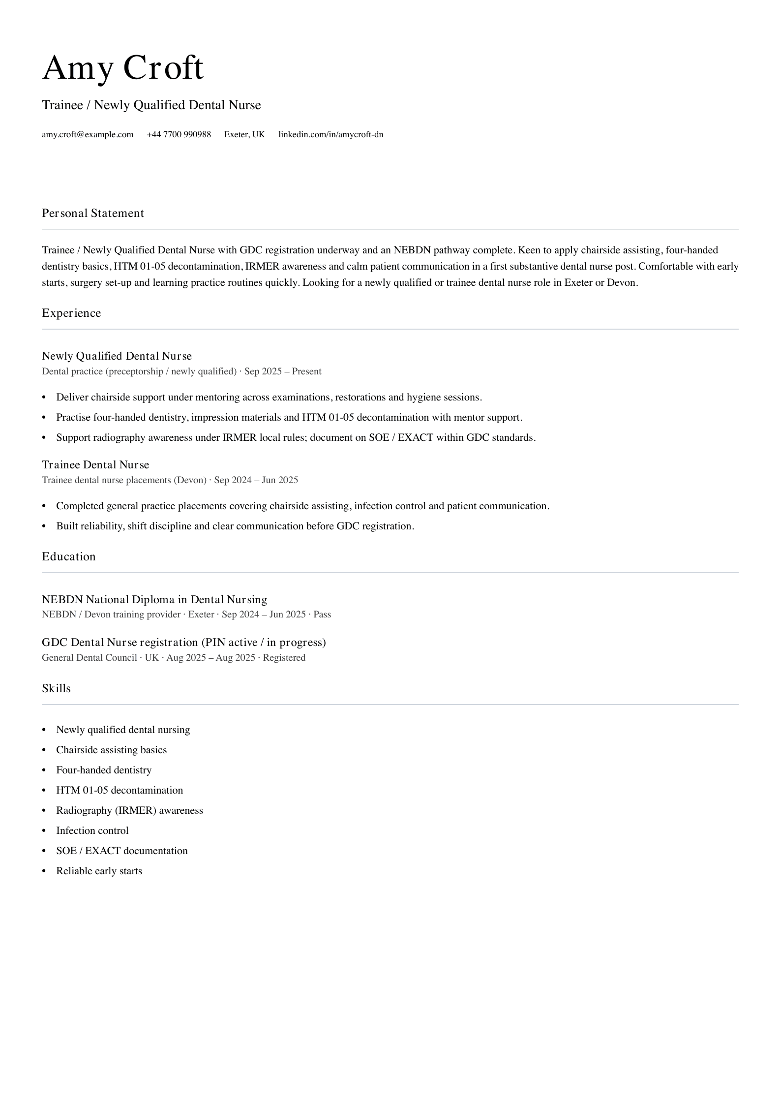 trainee newly qualified dental nurse cv template
