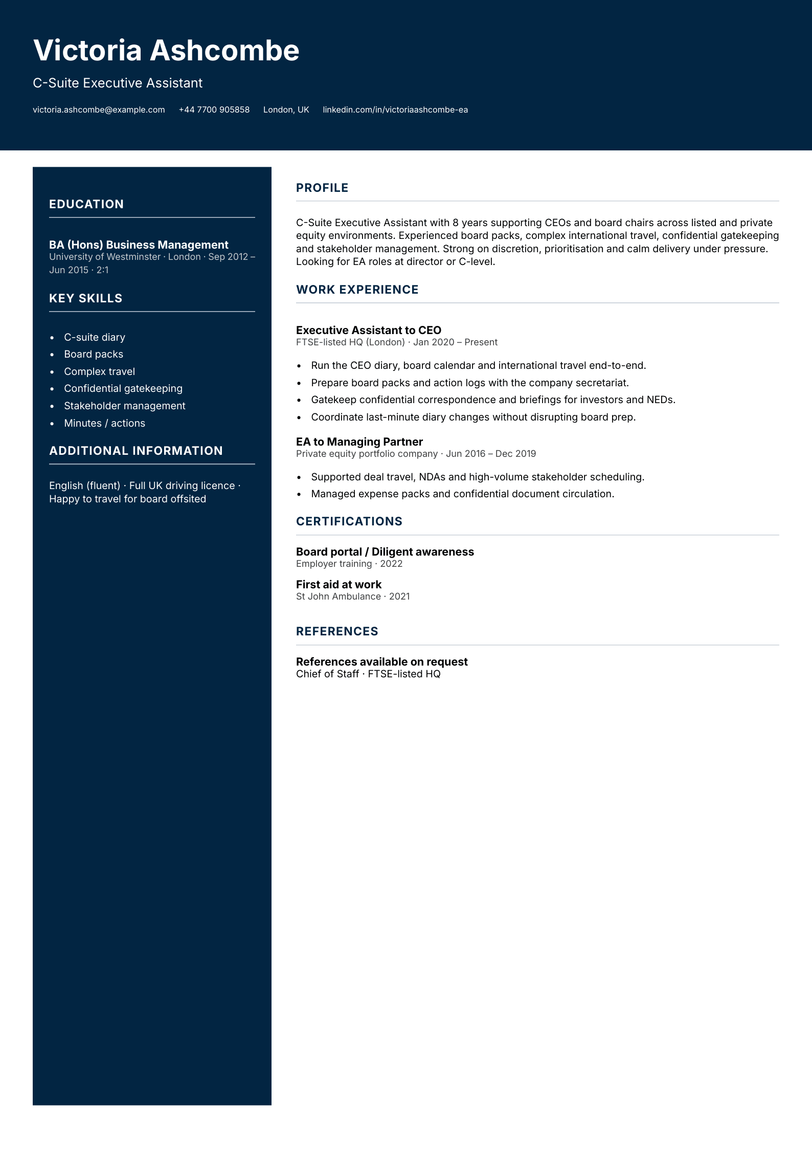 c-suite executive assistant cv template