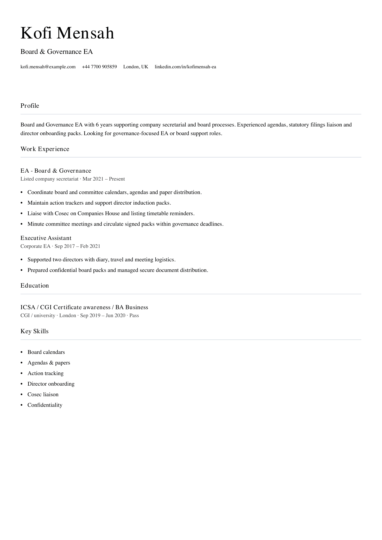 board governance executive assistant cv template