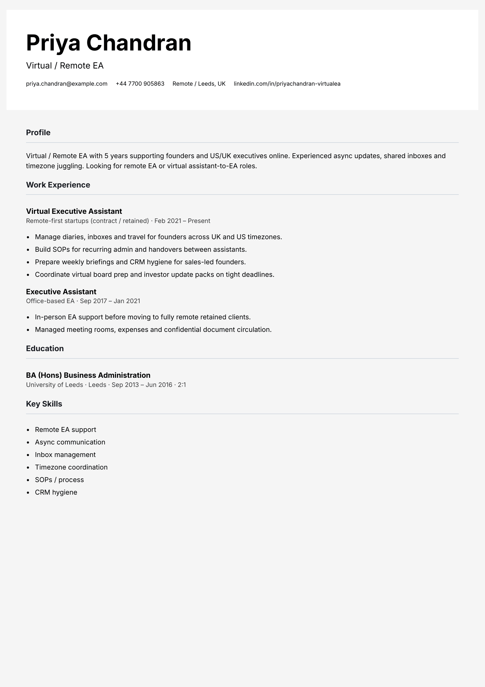 virtual remote executive assistant cv template