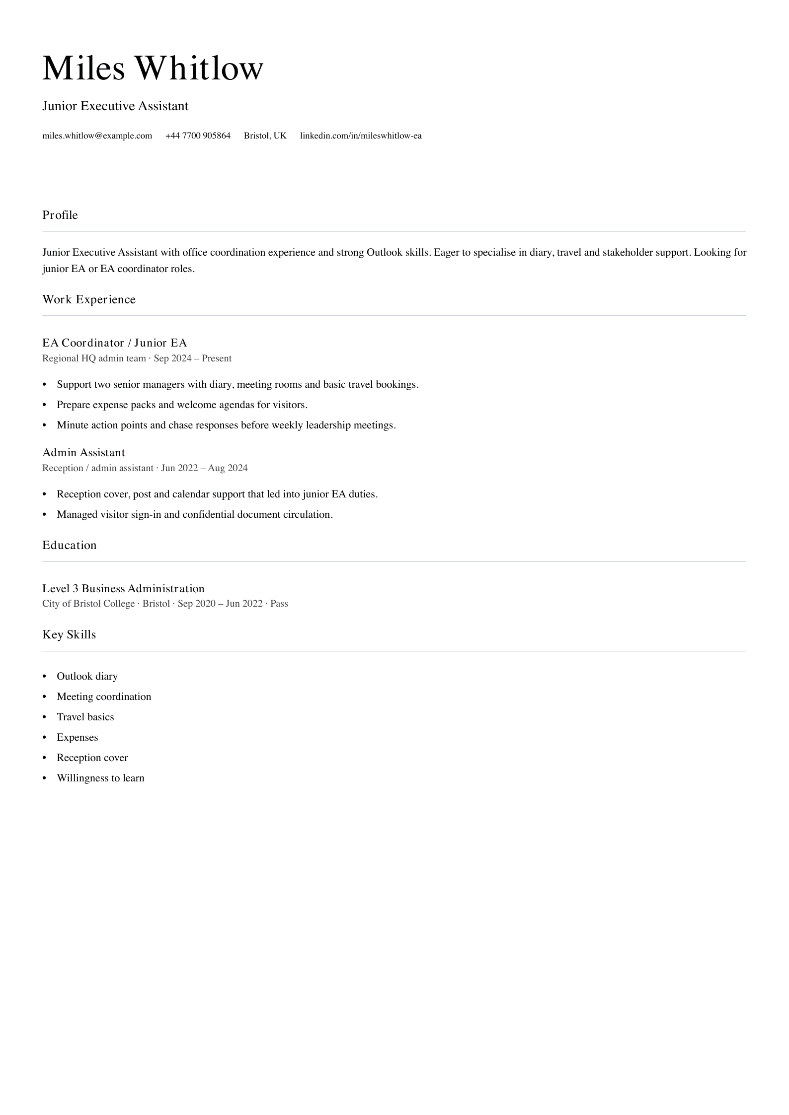 junior executive assistant cv template
