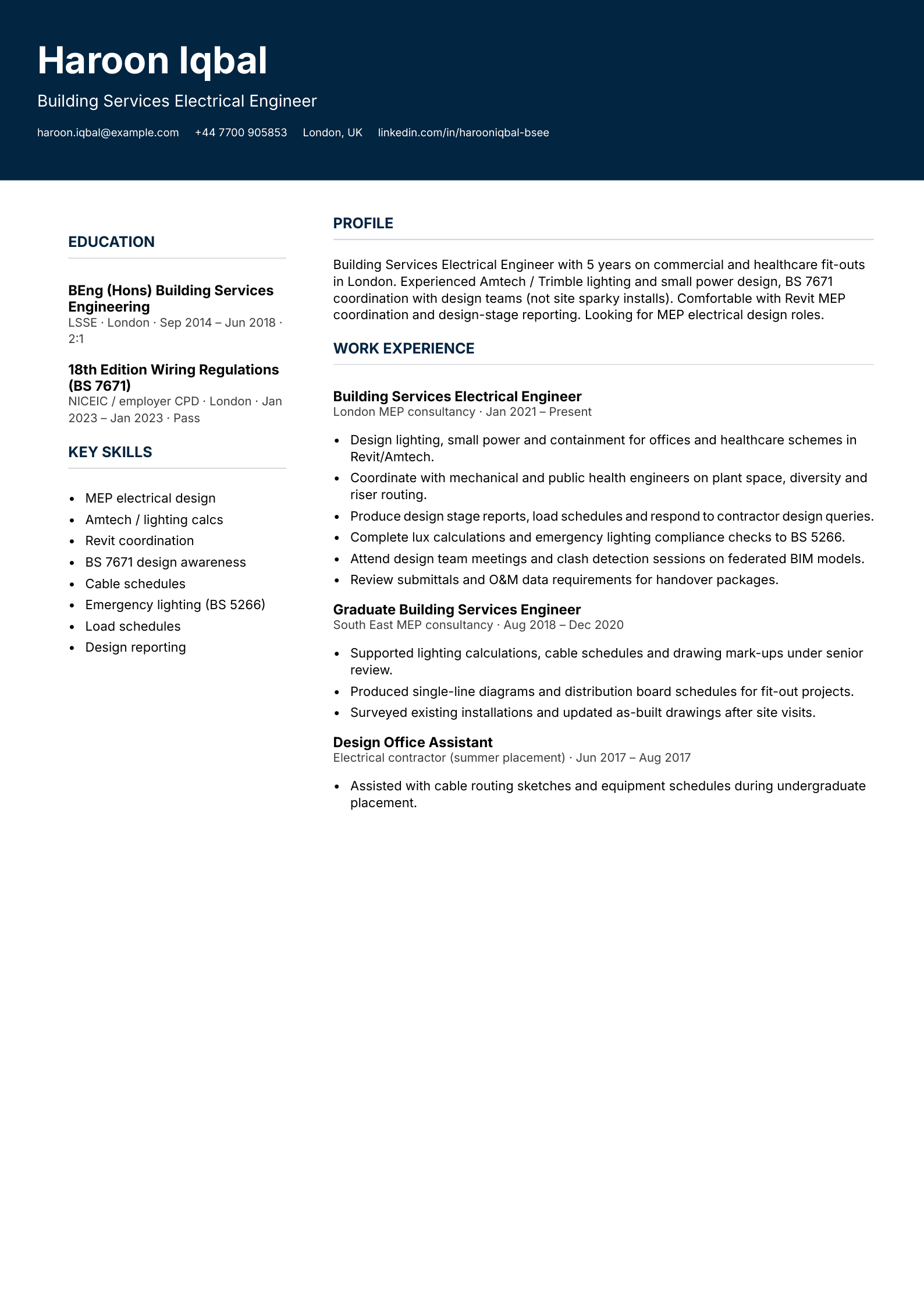 building services electrical engineer cv template