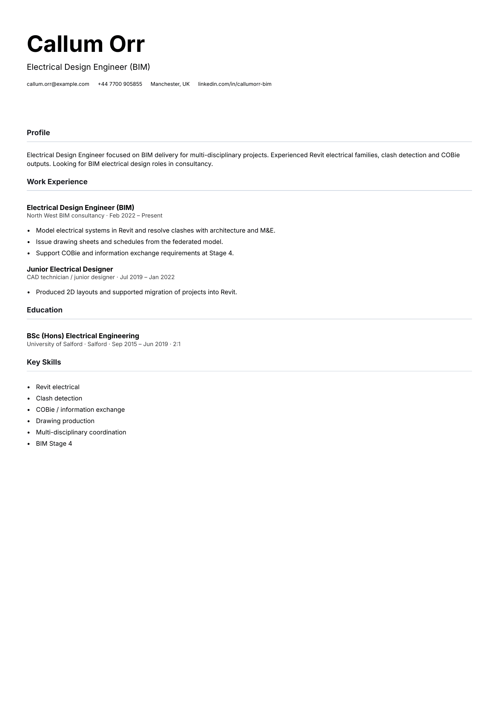 electrical design bim engineer cv template