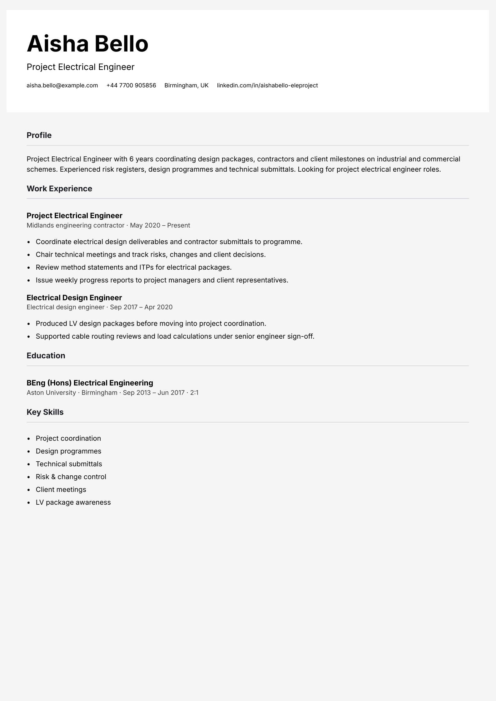 project electrical engineer cv template