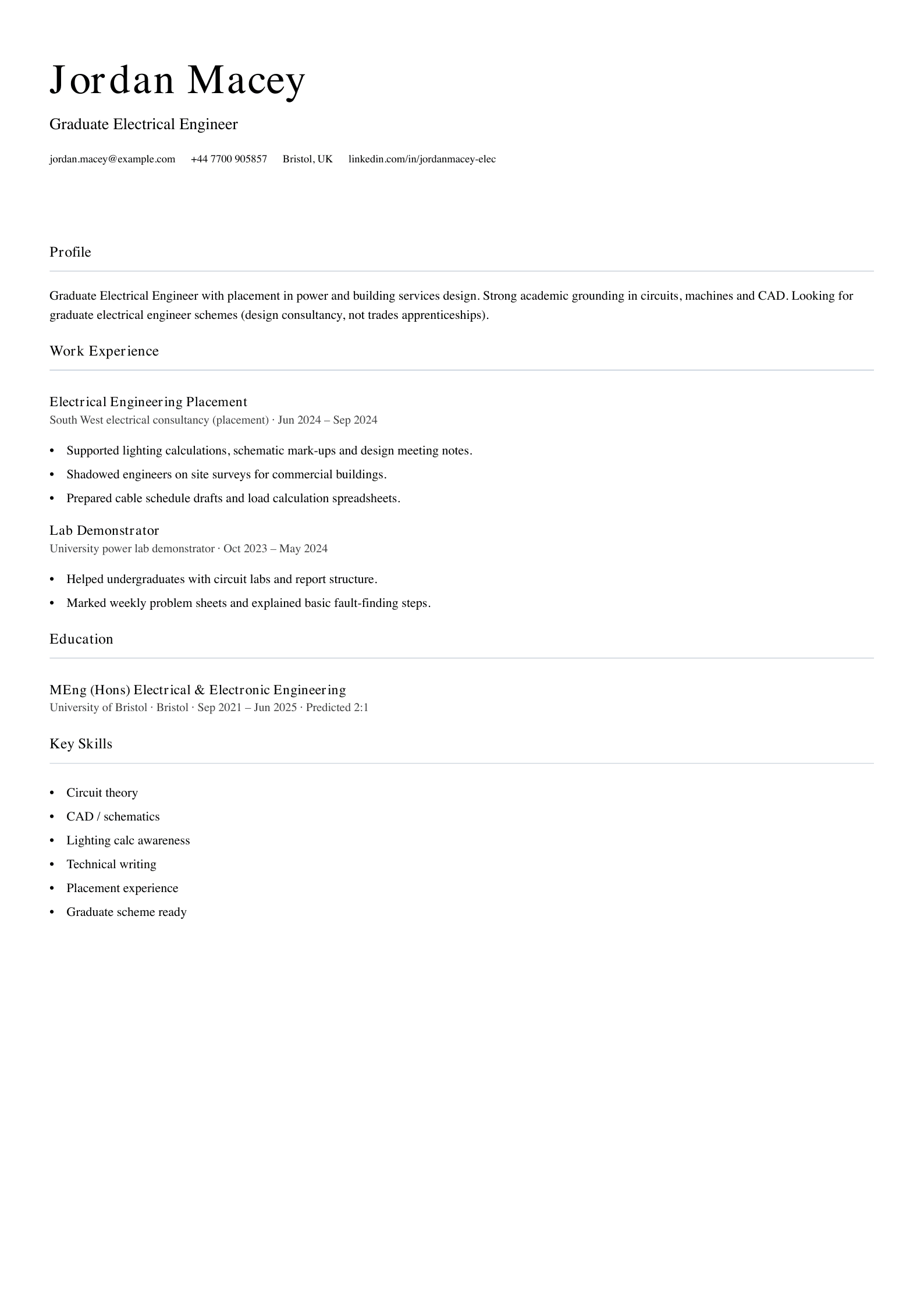 graduate electrical engineer cv template