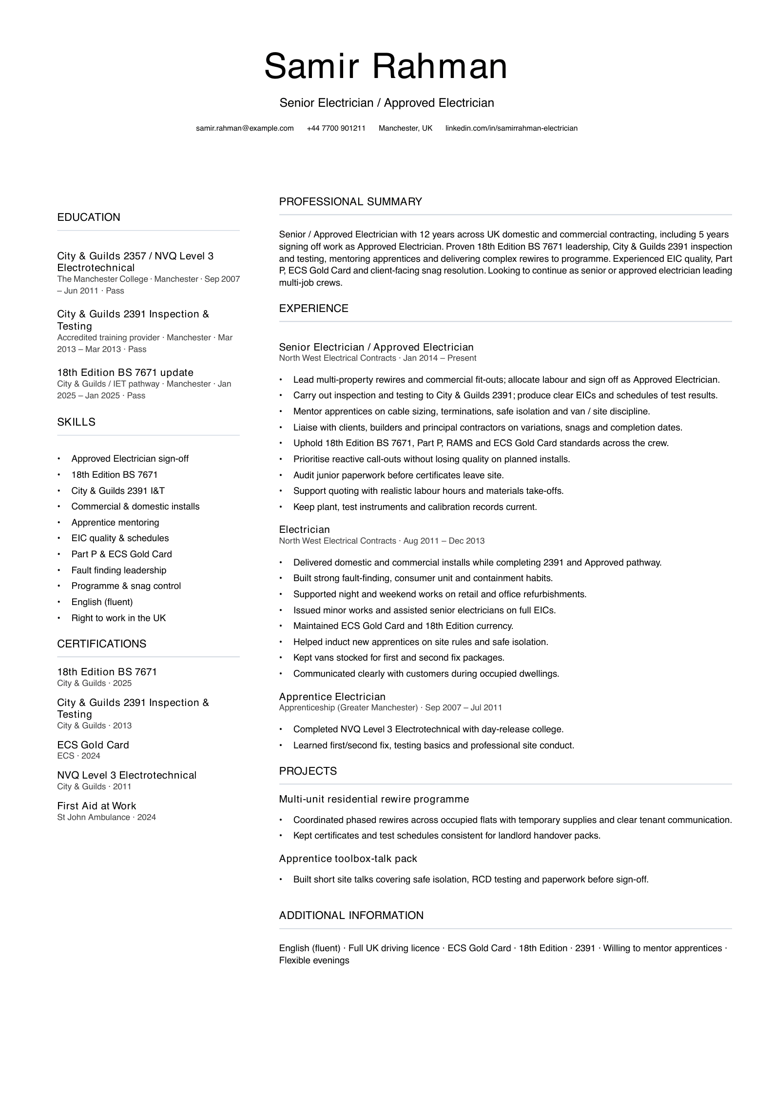 senior approved electrician cv template