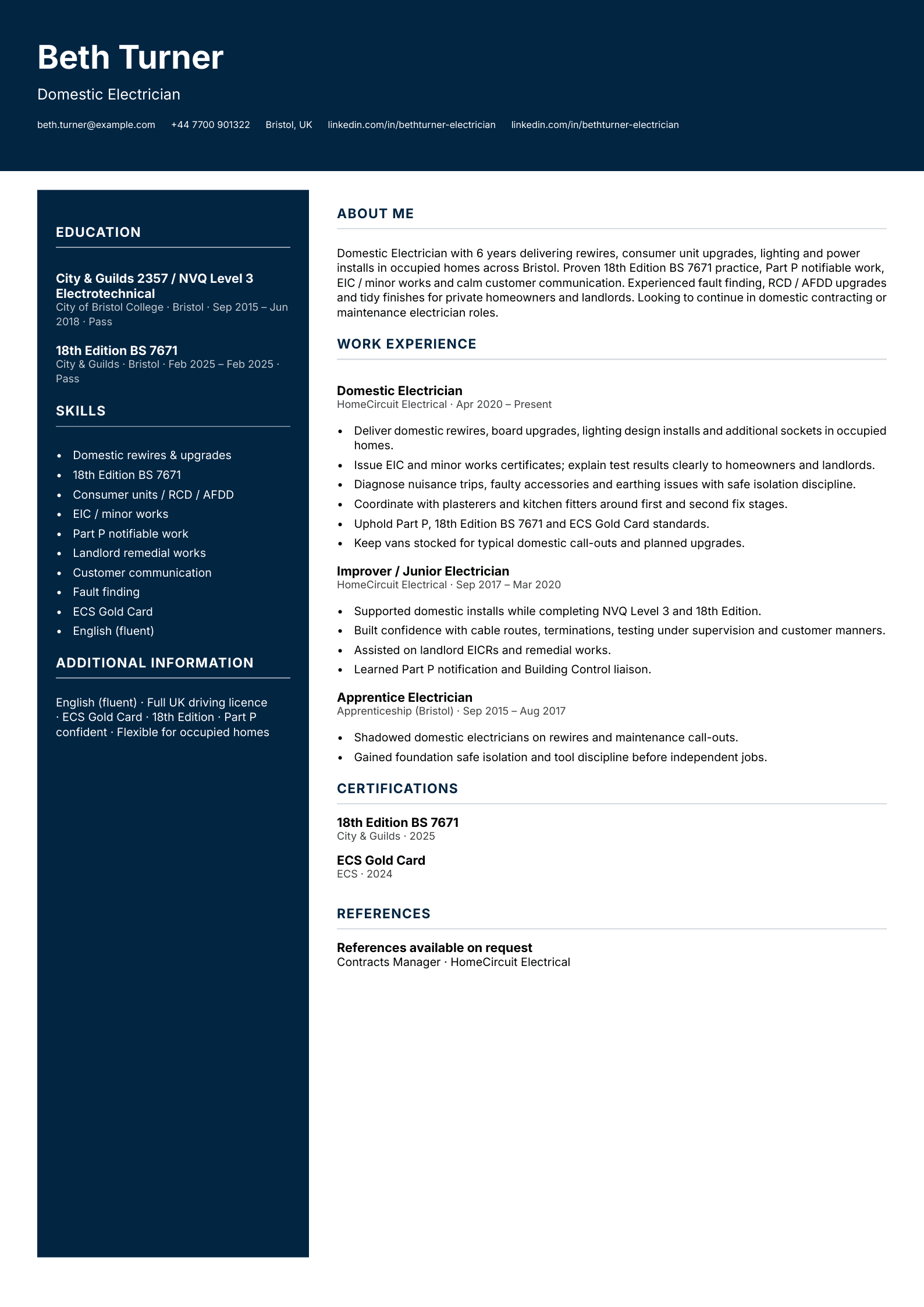 domestic electrician cv template