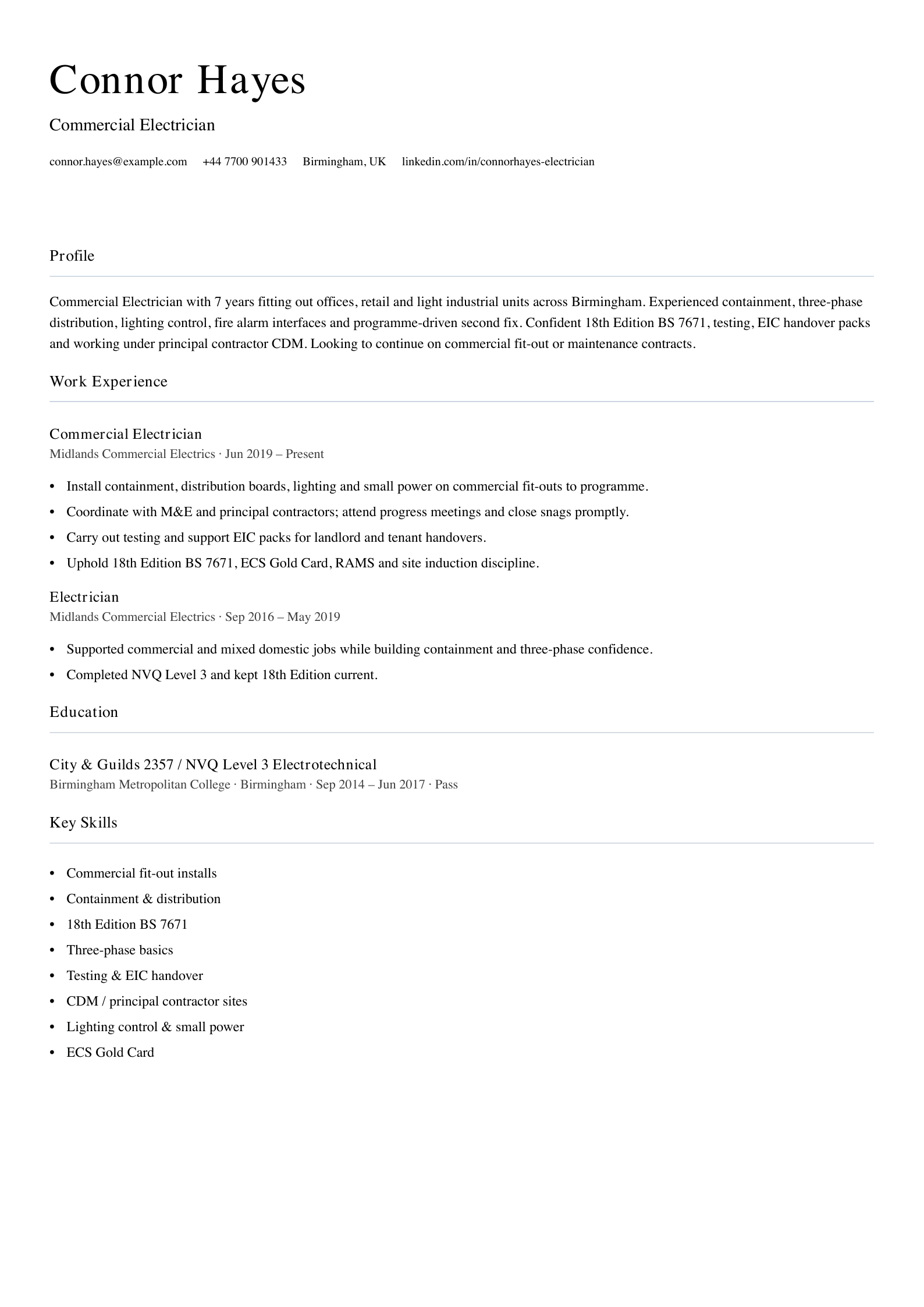commercial electrician cv template