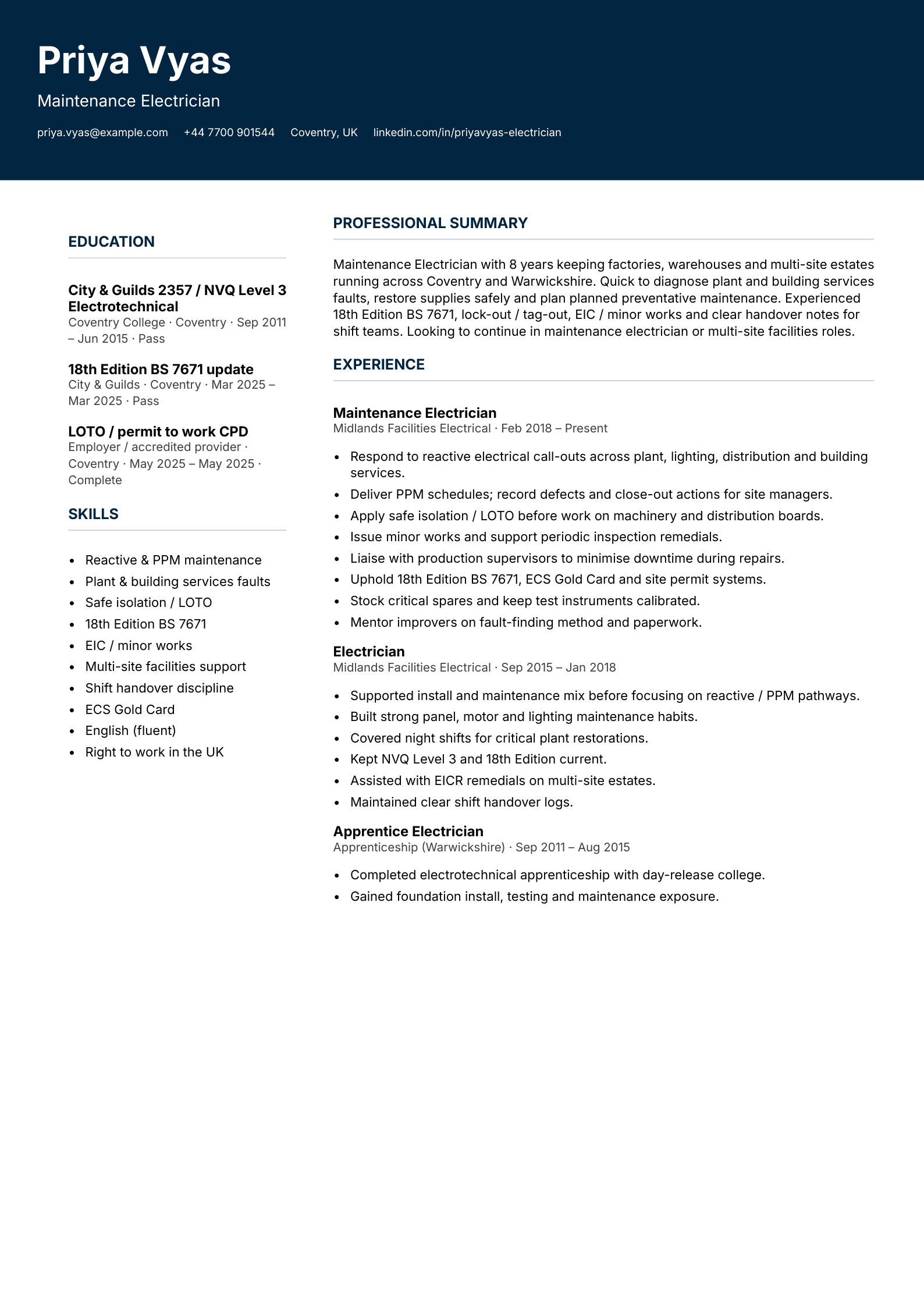 maintenance electrician cv template