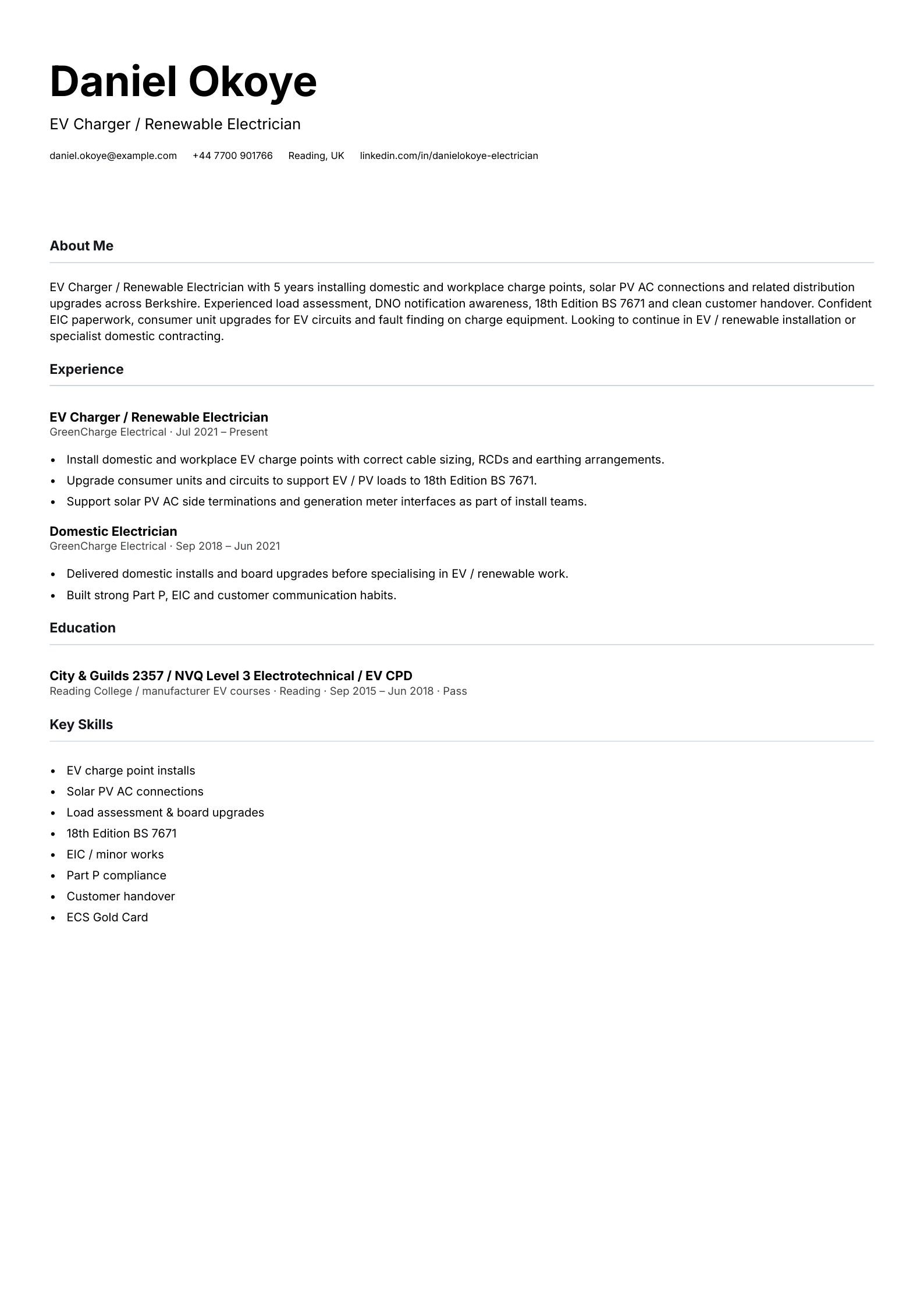 ev charger renewable electrician cv template