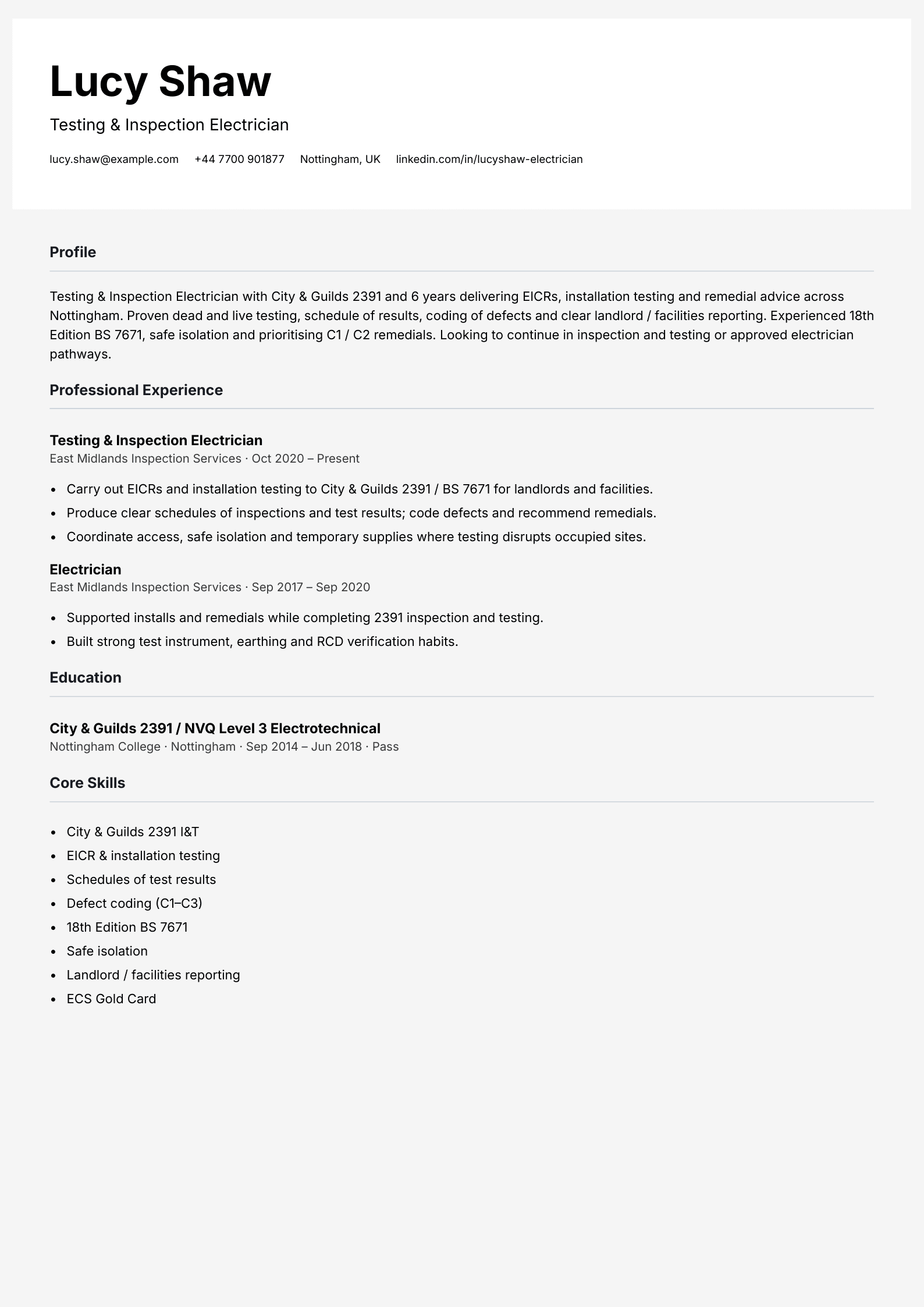 testing inspection electrician cv template