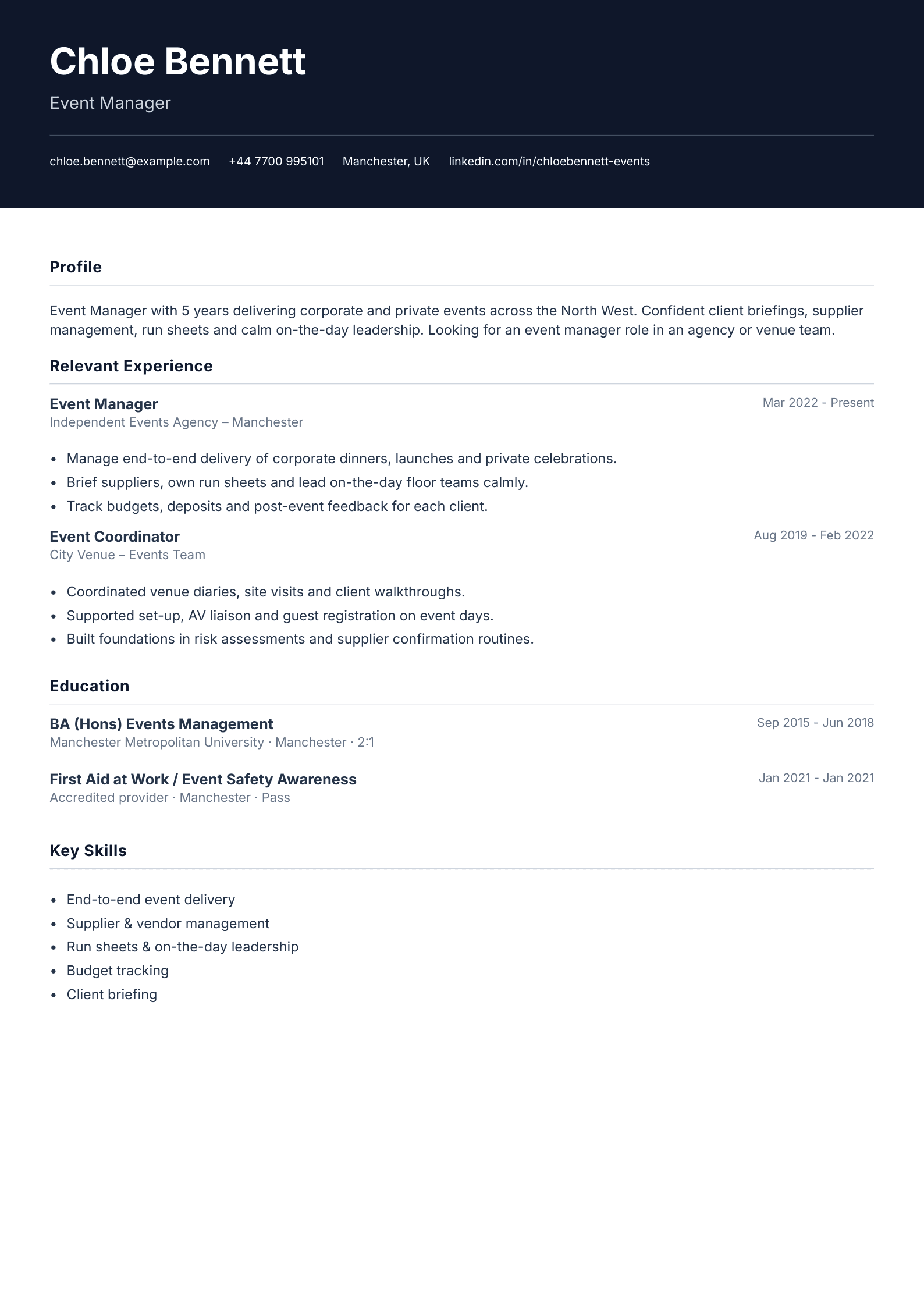 Event manager CV template