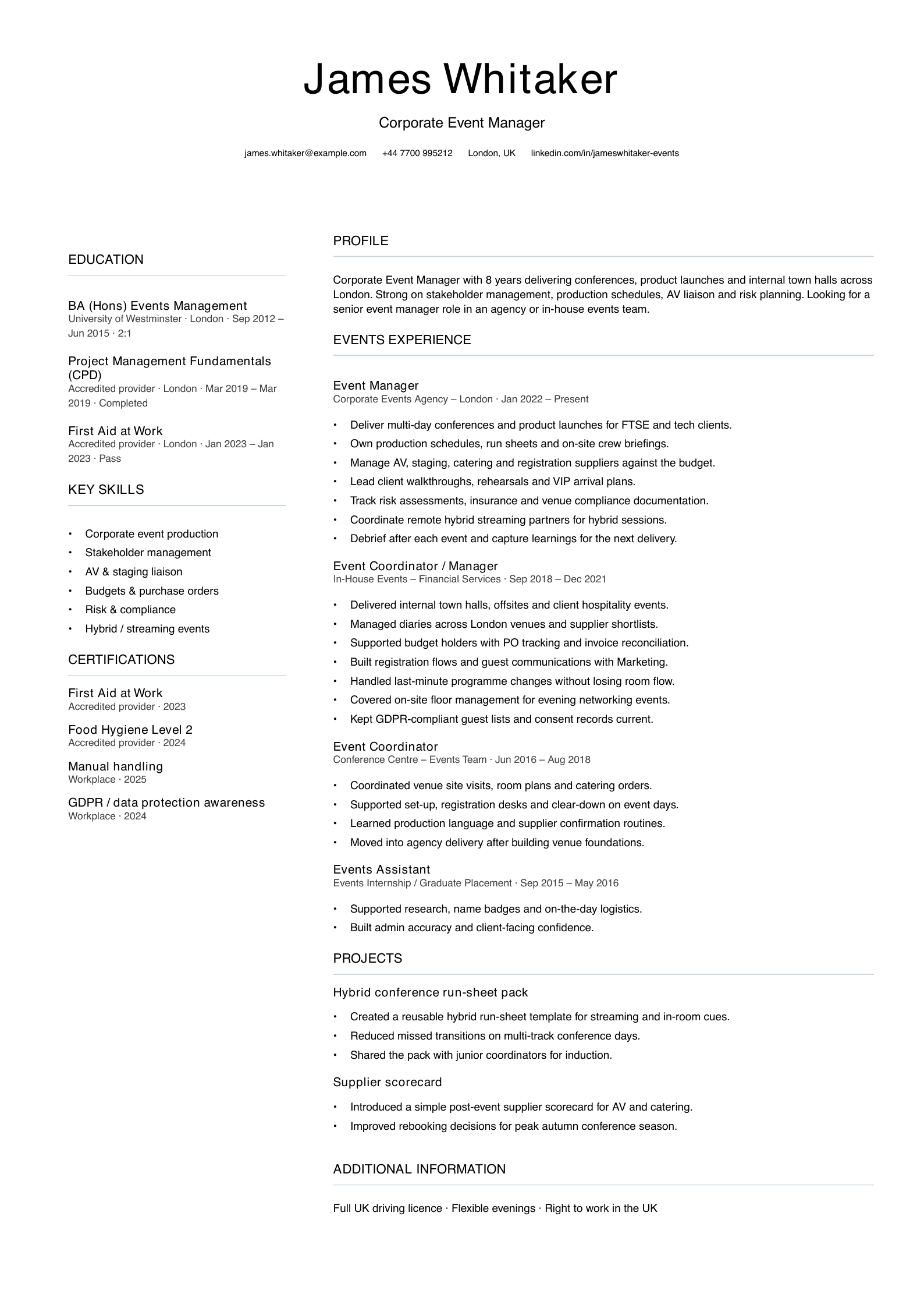 corporate event manager CV template