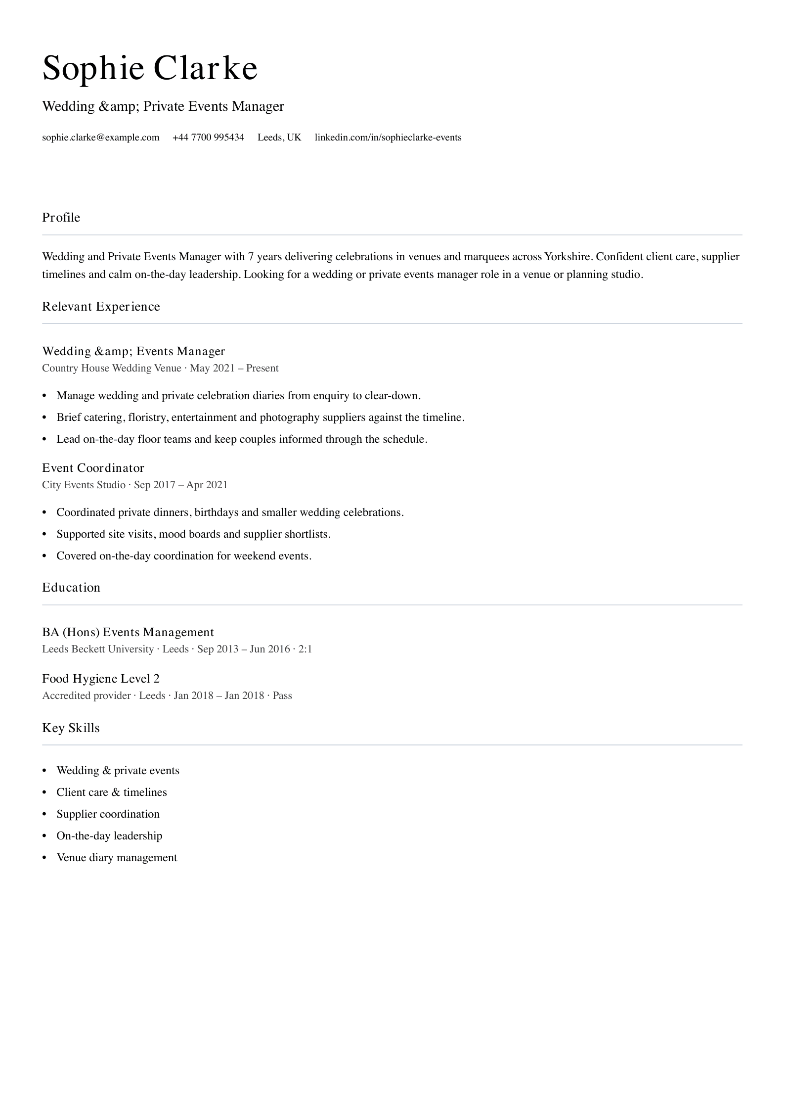 Wedding events manager CV template