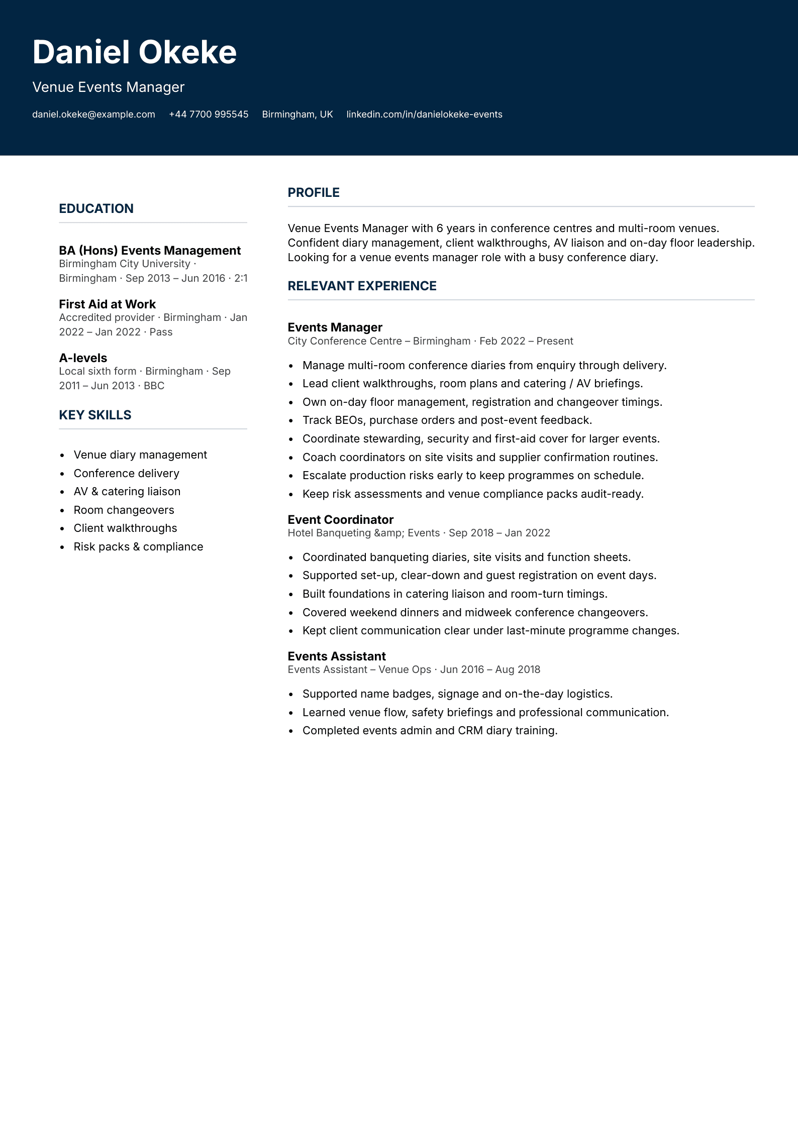 venue events manager CV template