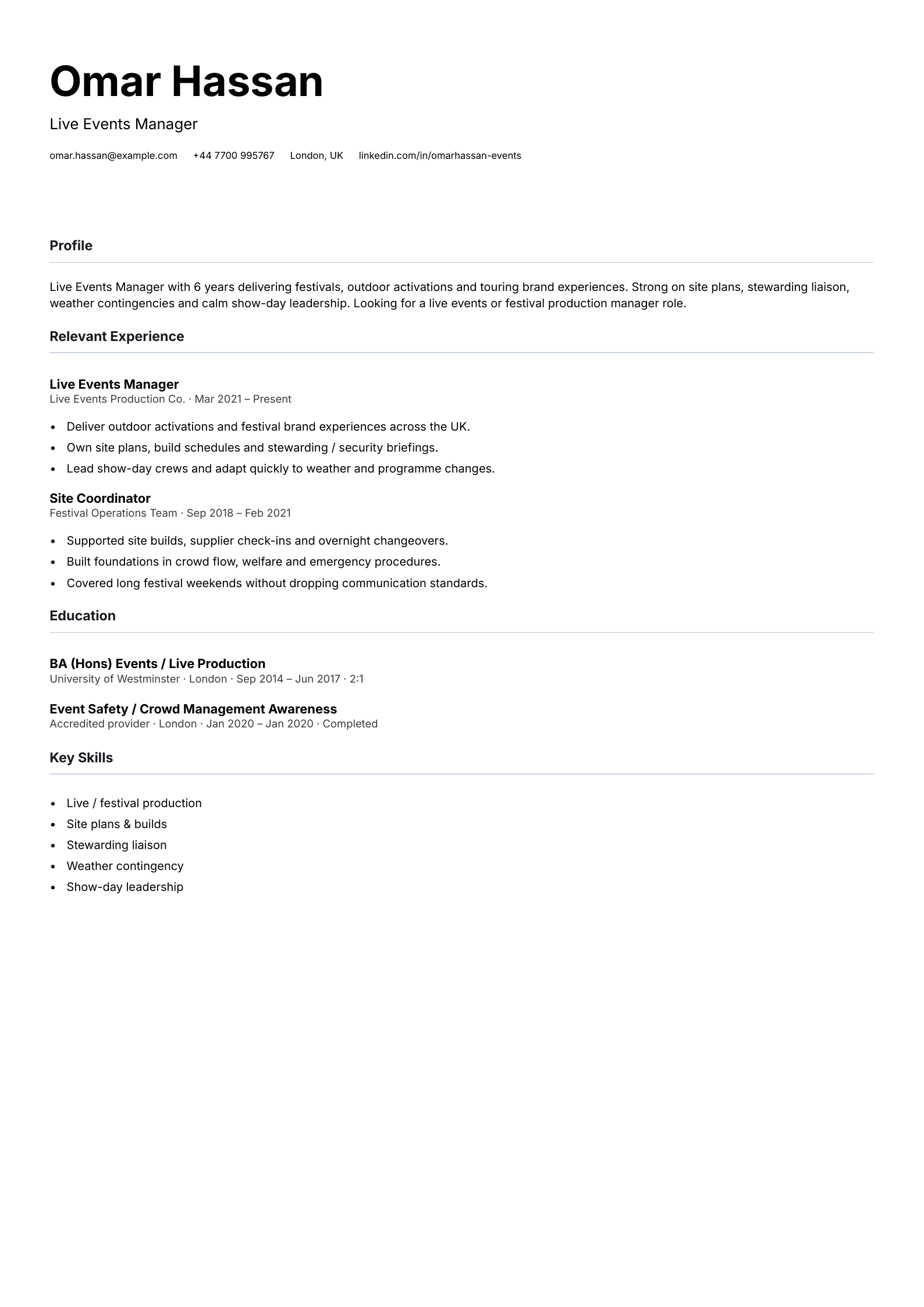 live events manager CV template