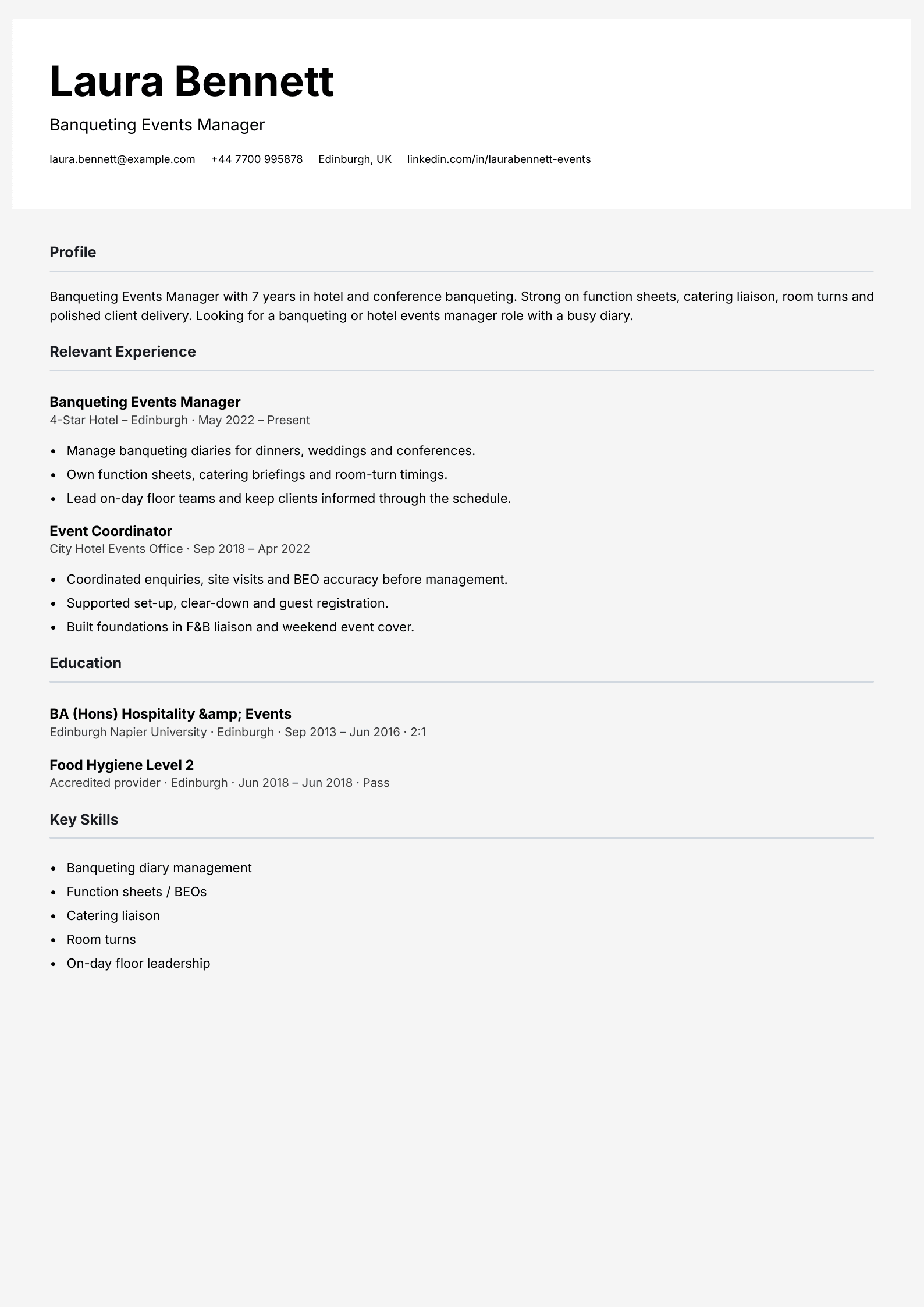 banqueting events manager CV template