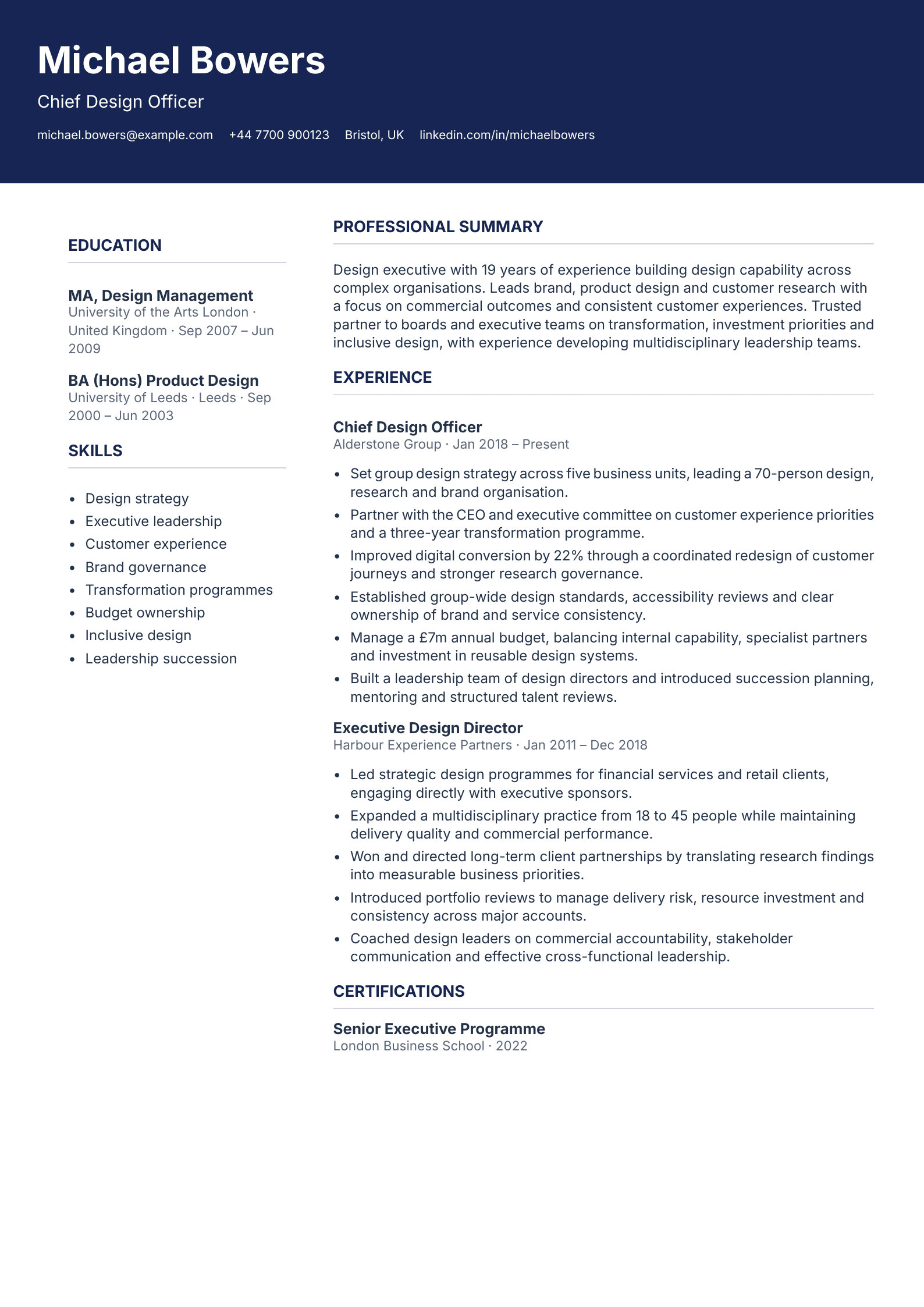 free executive cv template chief design officer