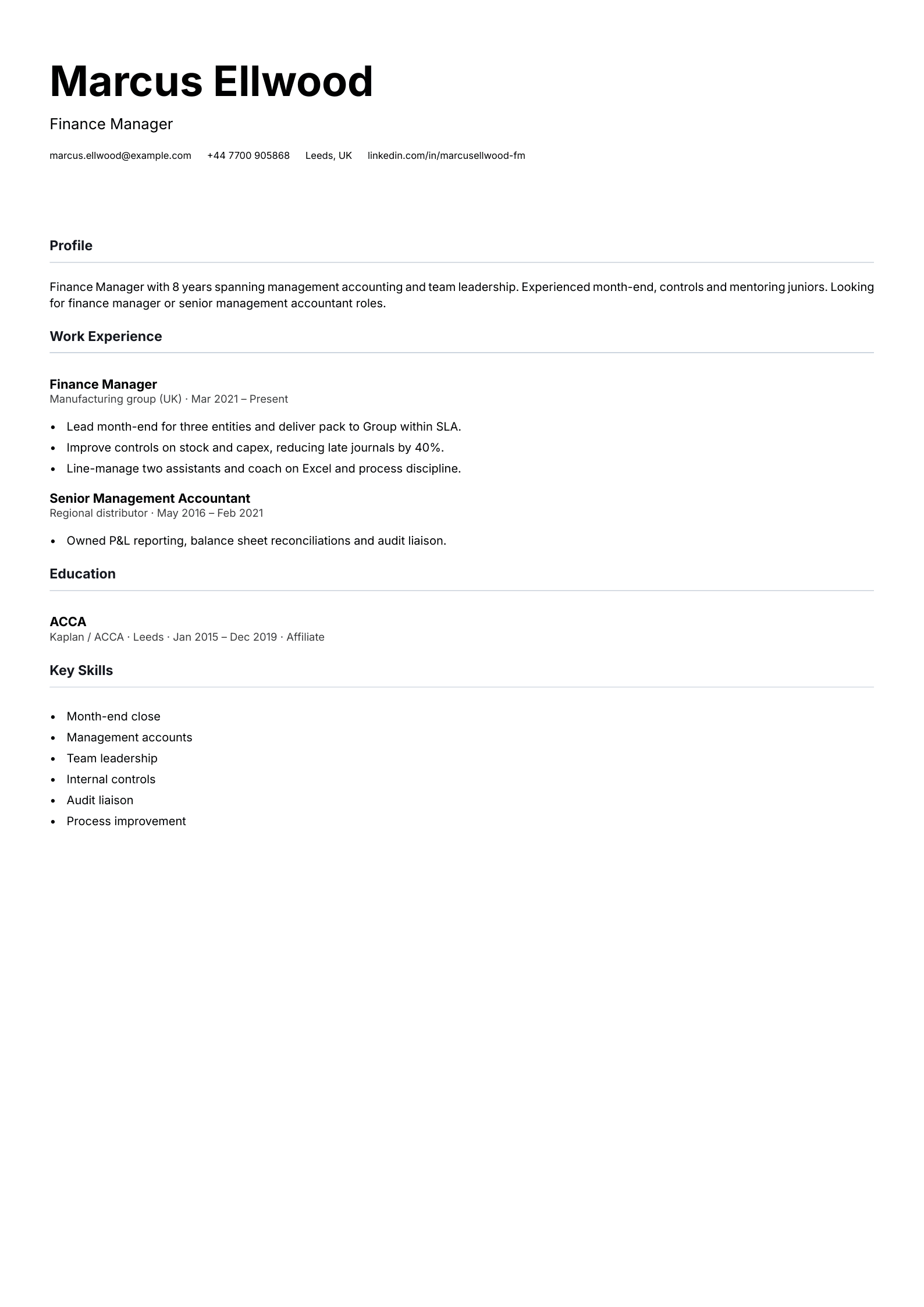 finance manager cv template