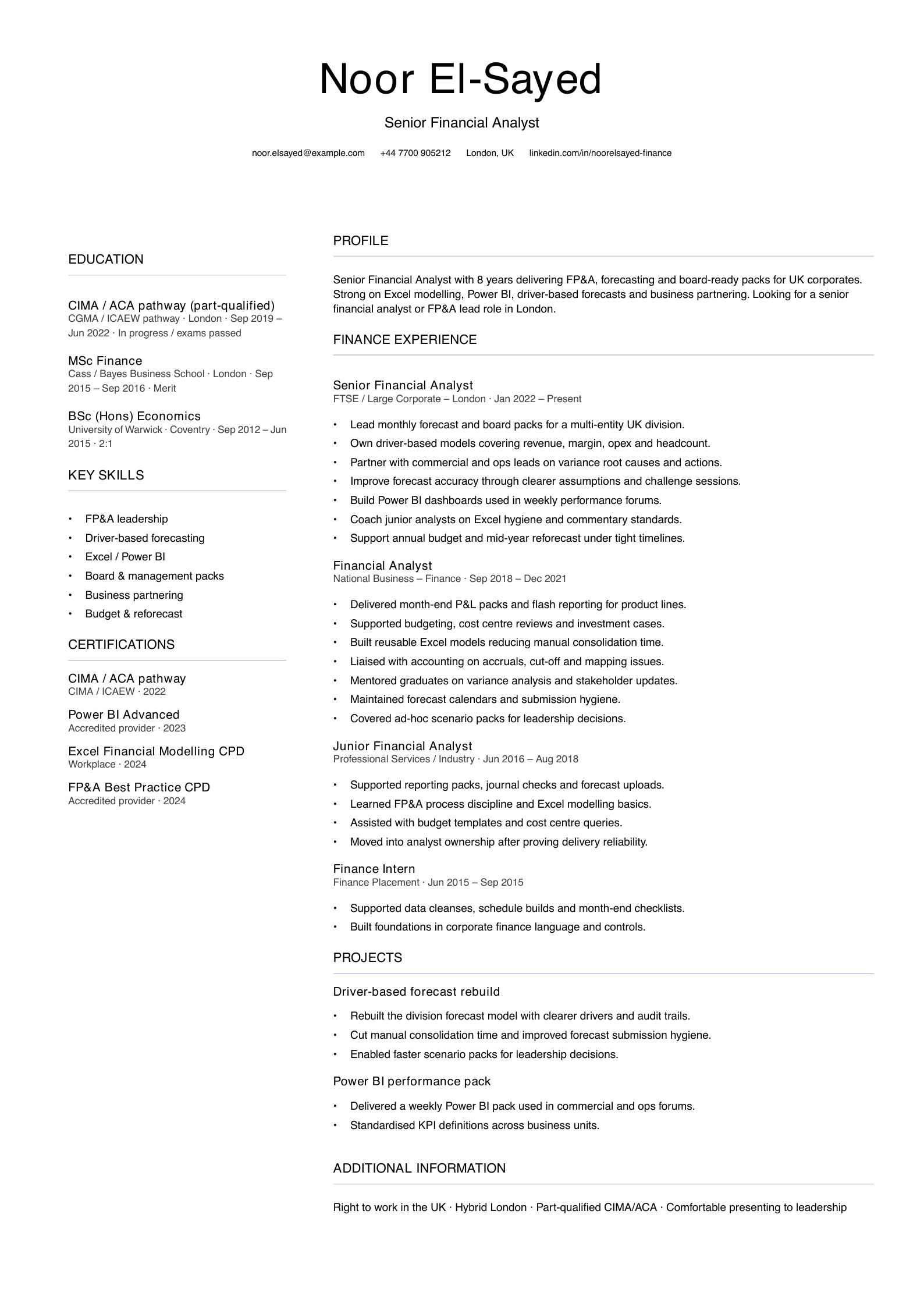senior financial analyst CV template
