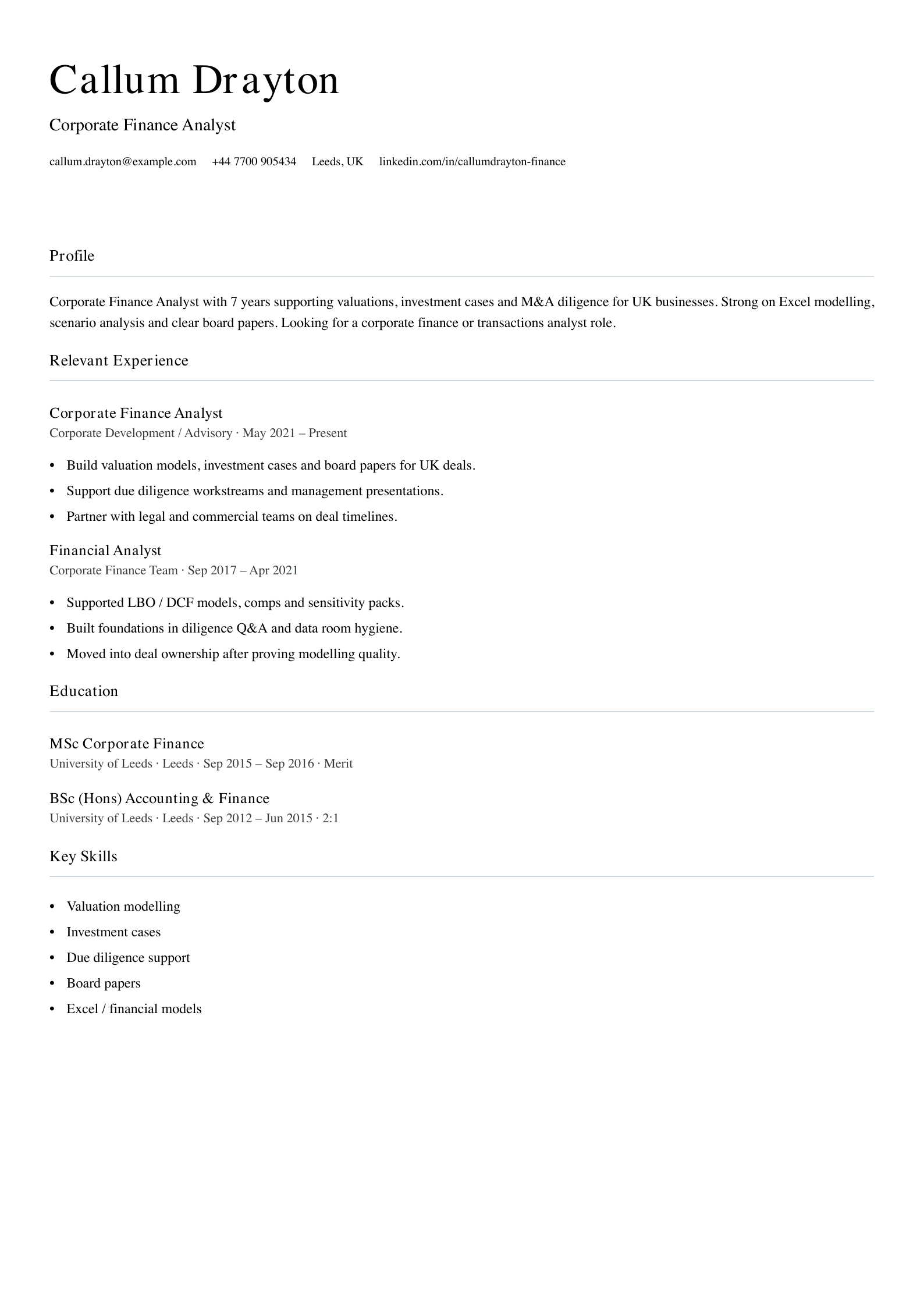 Corporate finance analyst CV template