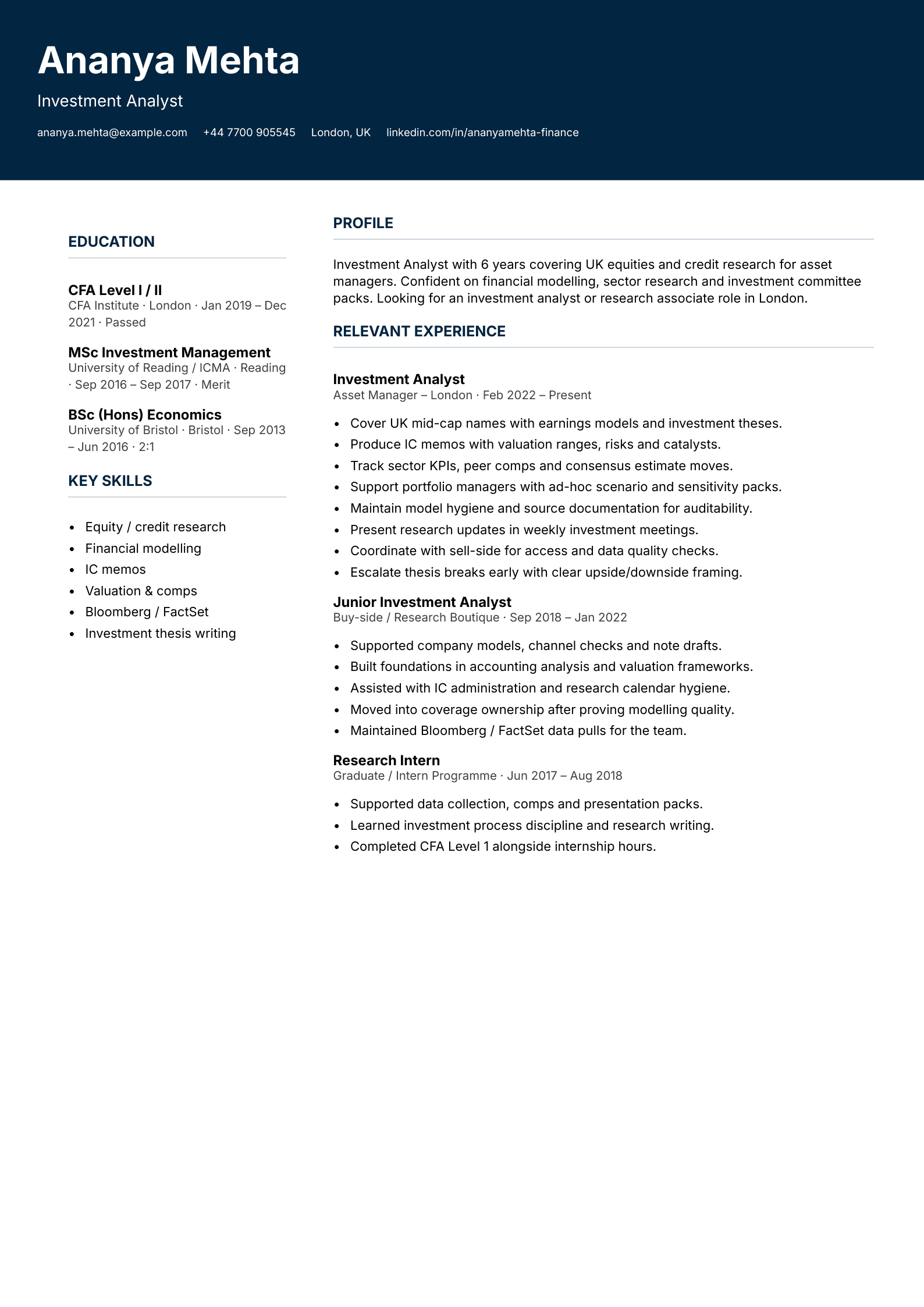 investment analyst CV template