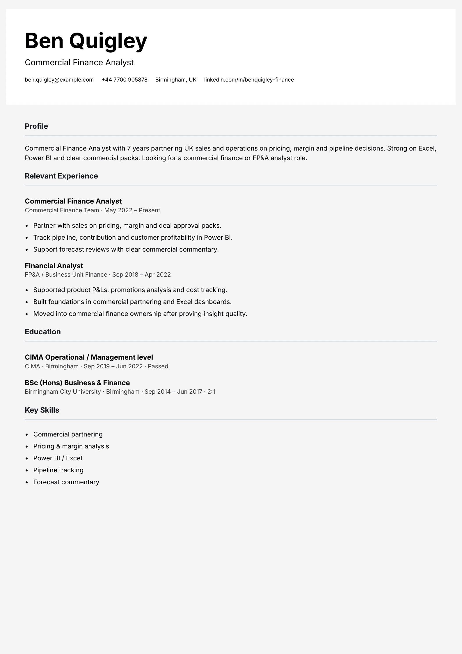 commercial finance analyst CV template